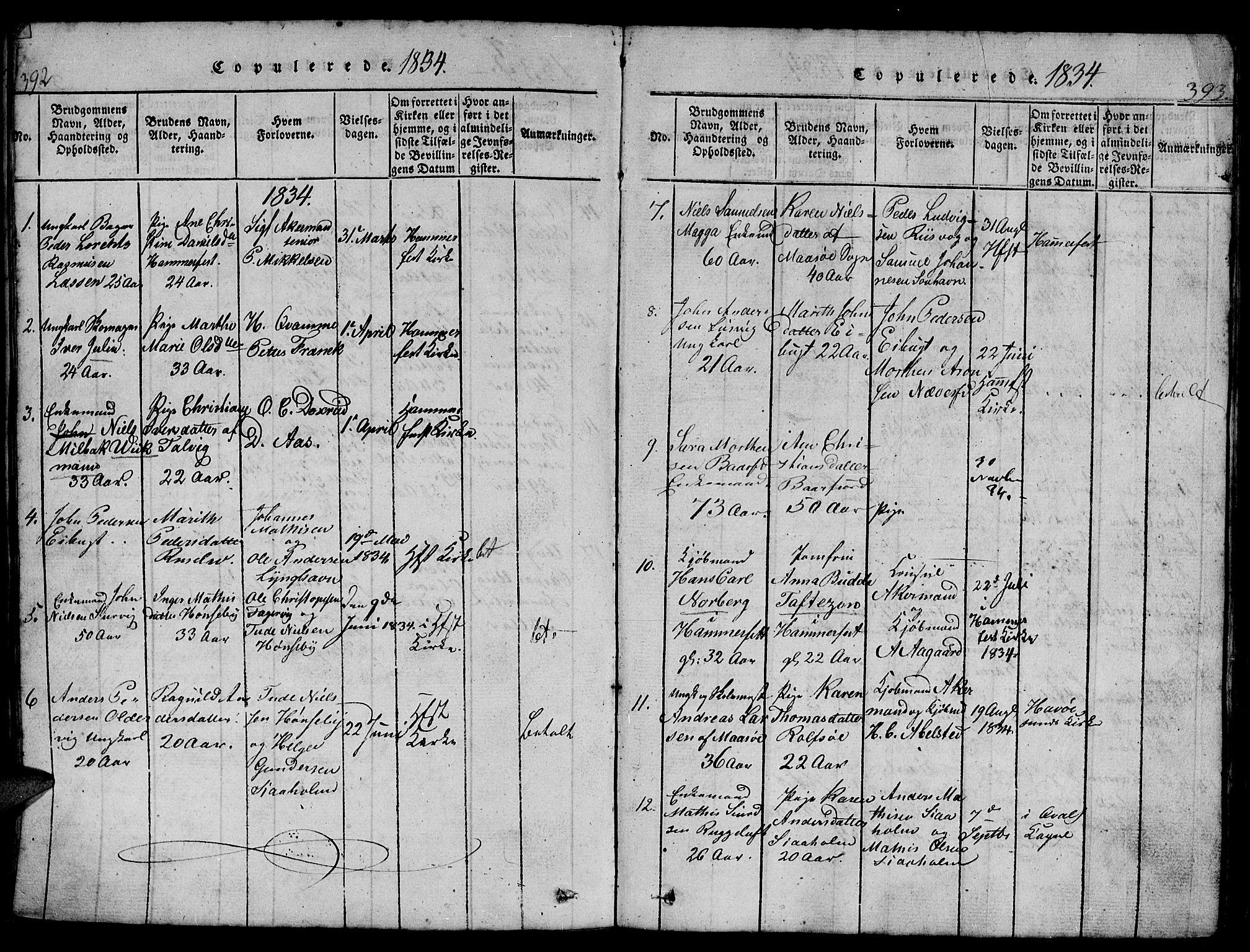 Hammerfest sokneprestkontor, AV/SATØ-S-1347/H/Hb/L0001.klokk: Parish register (copy) no. 1, 1822-1850, p. 392-393