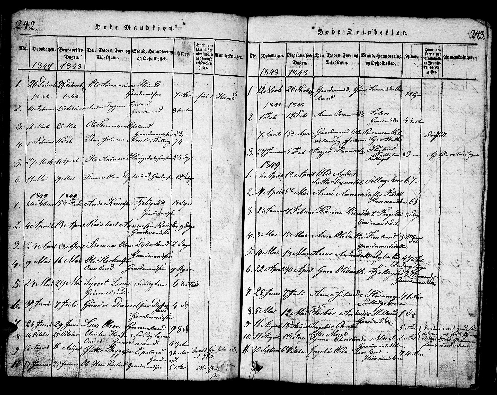 Bjelland sokneprestkontor, SAK/1111-0005/F/Fb/Fbb/L0003: Parish register (copy) no. B 3, 1816-1868, p. 242-243