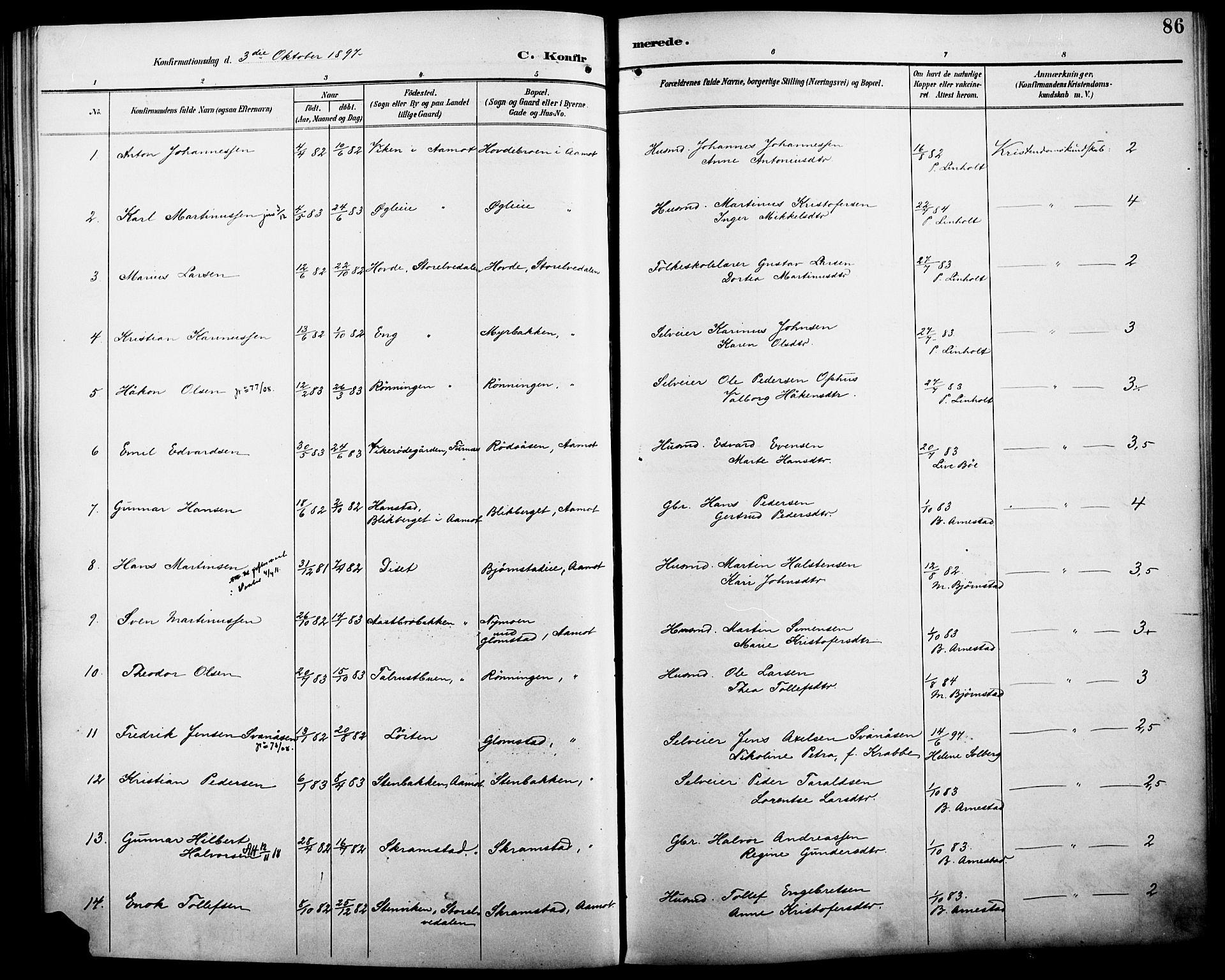 Åmot prestekontor, Hedmark, AV/SAH-PREST-056/H/Ha/Haa/L0011: Parish register (official) no. 11, 1890-1897, p. 86