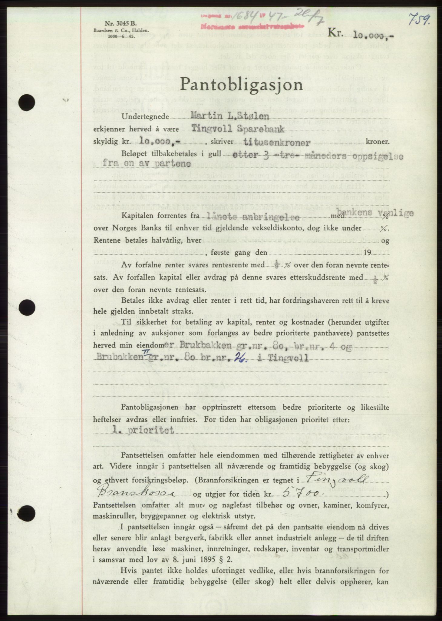 Nordmøre sorenskriveri, AV/SAT-A-4132/1/2/2Ca: Mortgage book no. B96, 1947-1947, Diary no: : 1684/1947