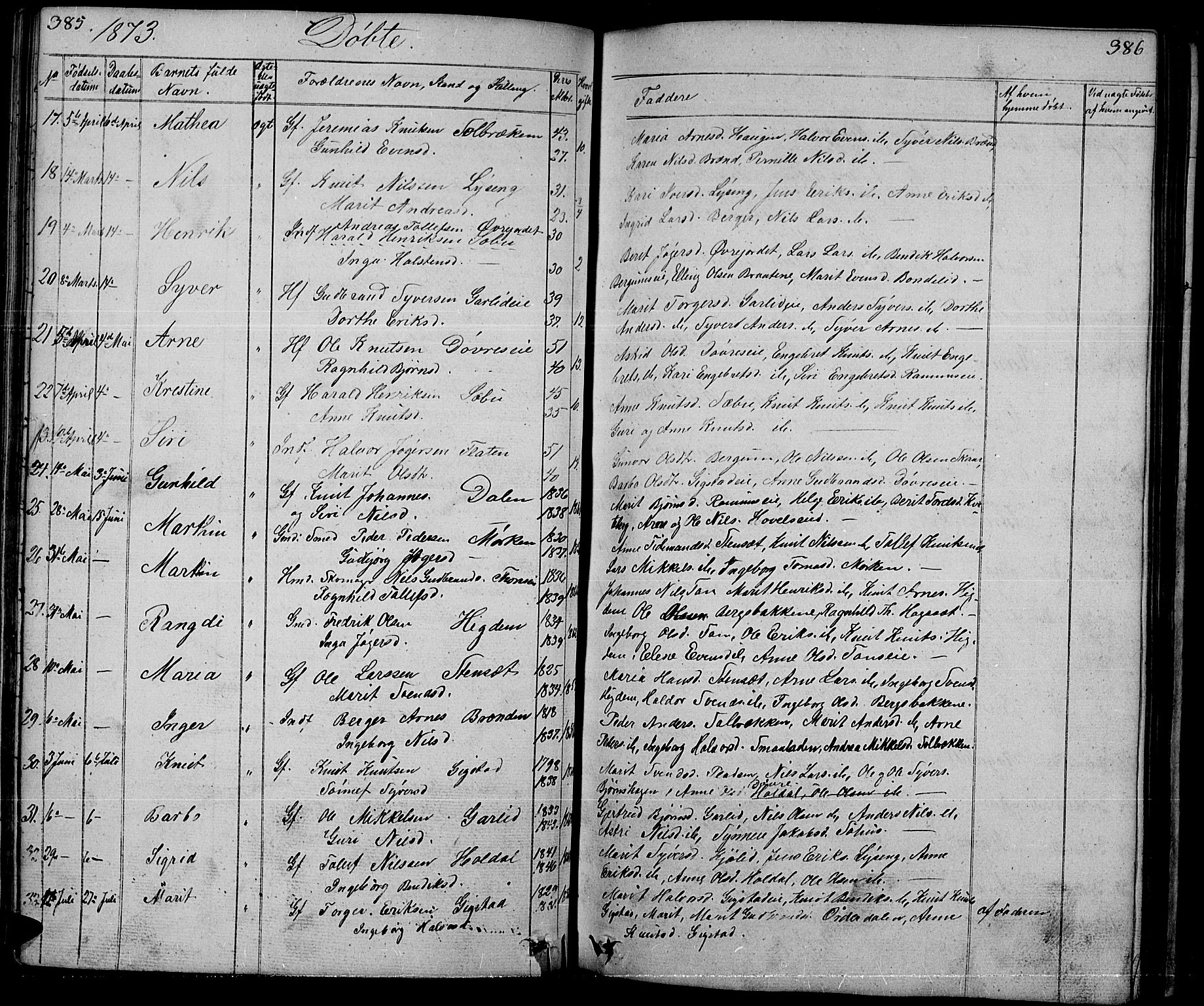 Nord-Aurdal prestekontor, SAH/PREST-132/H/Ha/Hab/L0001: Parish register (copy) no. 1, 1834-1887, p. 385-386