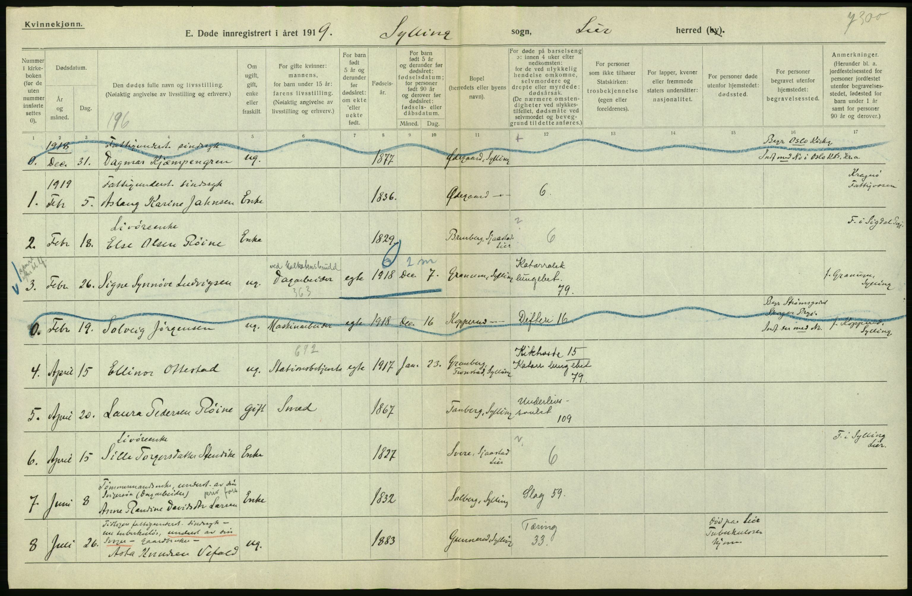 Statistisk sentralbyrå, Sosiodemografiske emner, Befolkning, AV/RA-S-2228/D/Df/Dfb/Dfbi/L0018: Buskerud fylke: Døde. Bygder og byer., 1919, p. 114