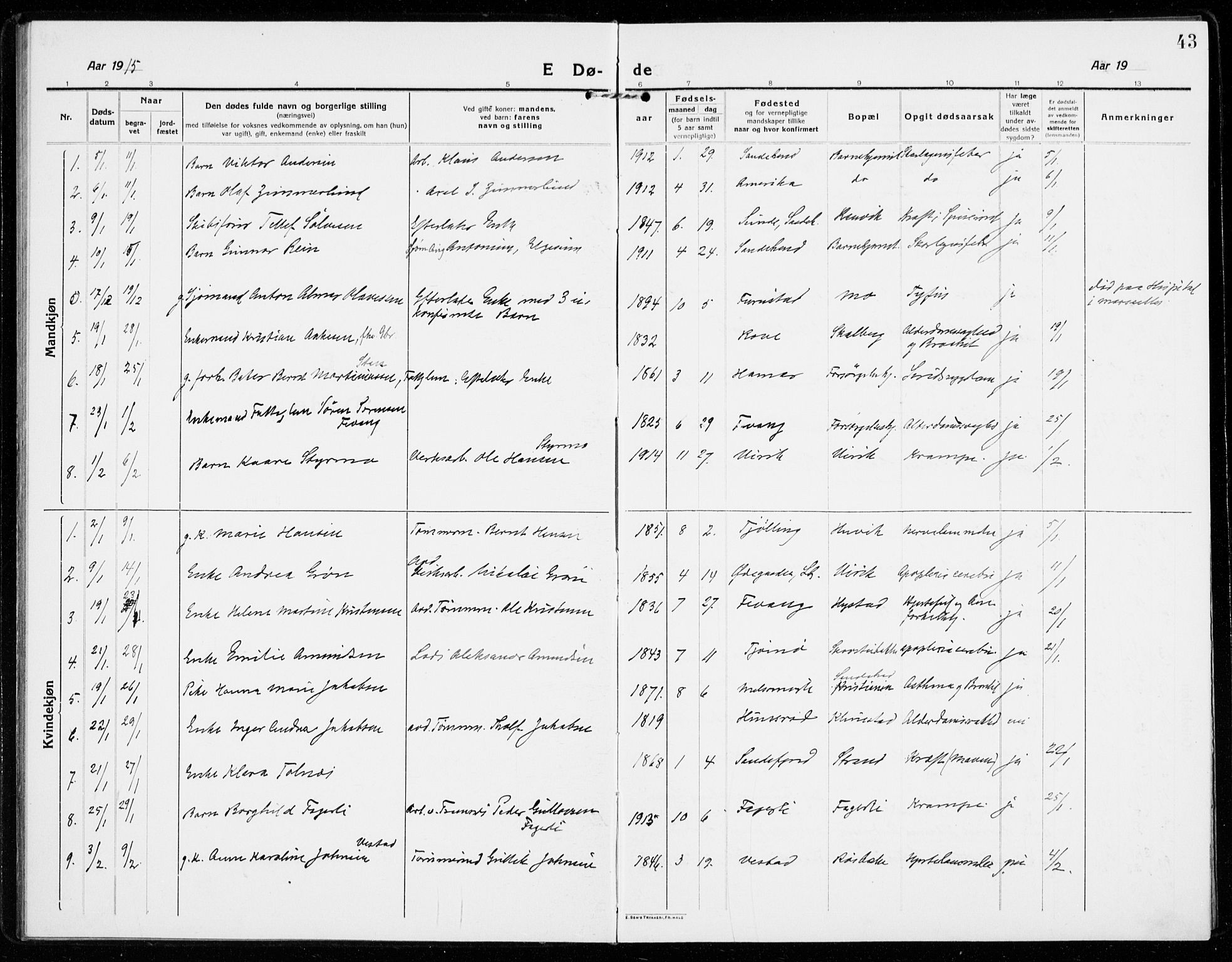 Sandar kirkebøker, SAKO/A-243/F/Fa/L0020: Parish register (official) no. 20, 1915-1919, p. 43