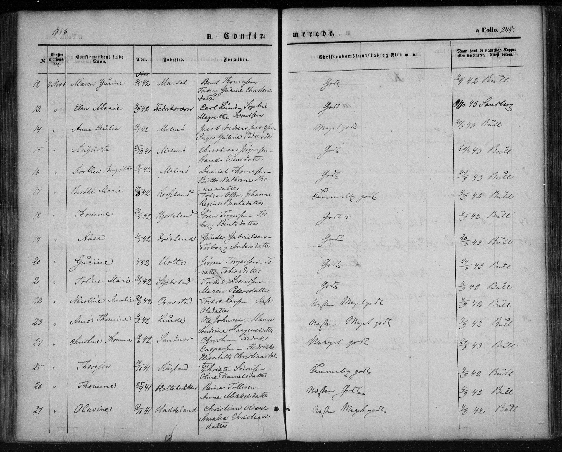 Mandal sokneprestkontor, AV/SAK-1111-0030/F/Fa/Faa/L0013: Parish register (official) no. A 13, 1847-1859, p. 245