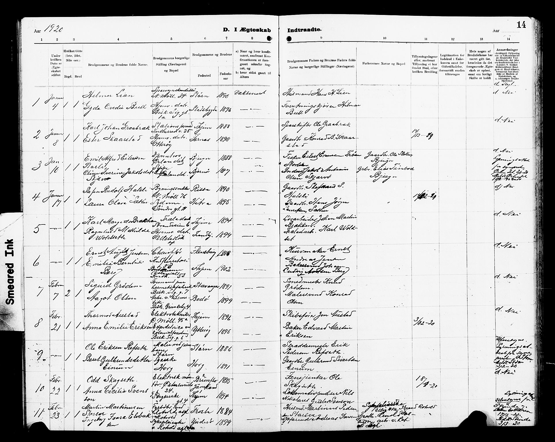 Ministerialprotokoller, klokkerbøker og fødselsregistre - Sør-Trøndelag, SAT/A-1456/605/L0257: Parish register (copy) no. 605C04, 1916-1922, p. 14