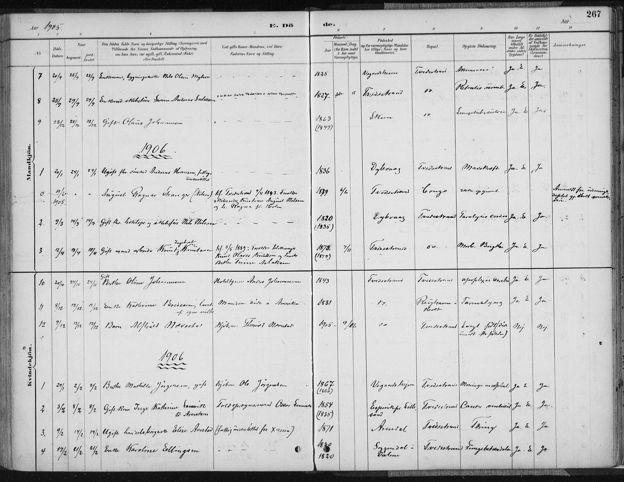 Tvedestrand sokneprestkontor, AV/SAK-1111-0042/F/Fa/L0001: Parish register (official) no. A 1, 1885-1916, p. 267