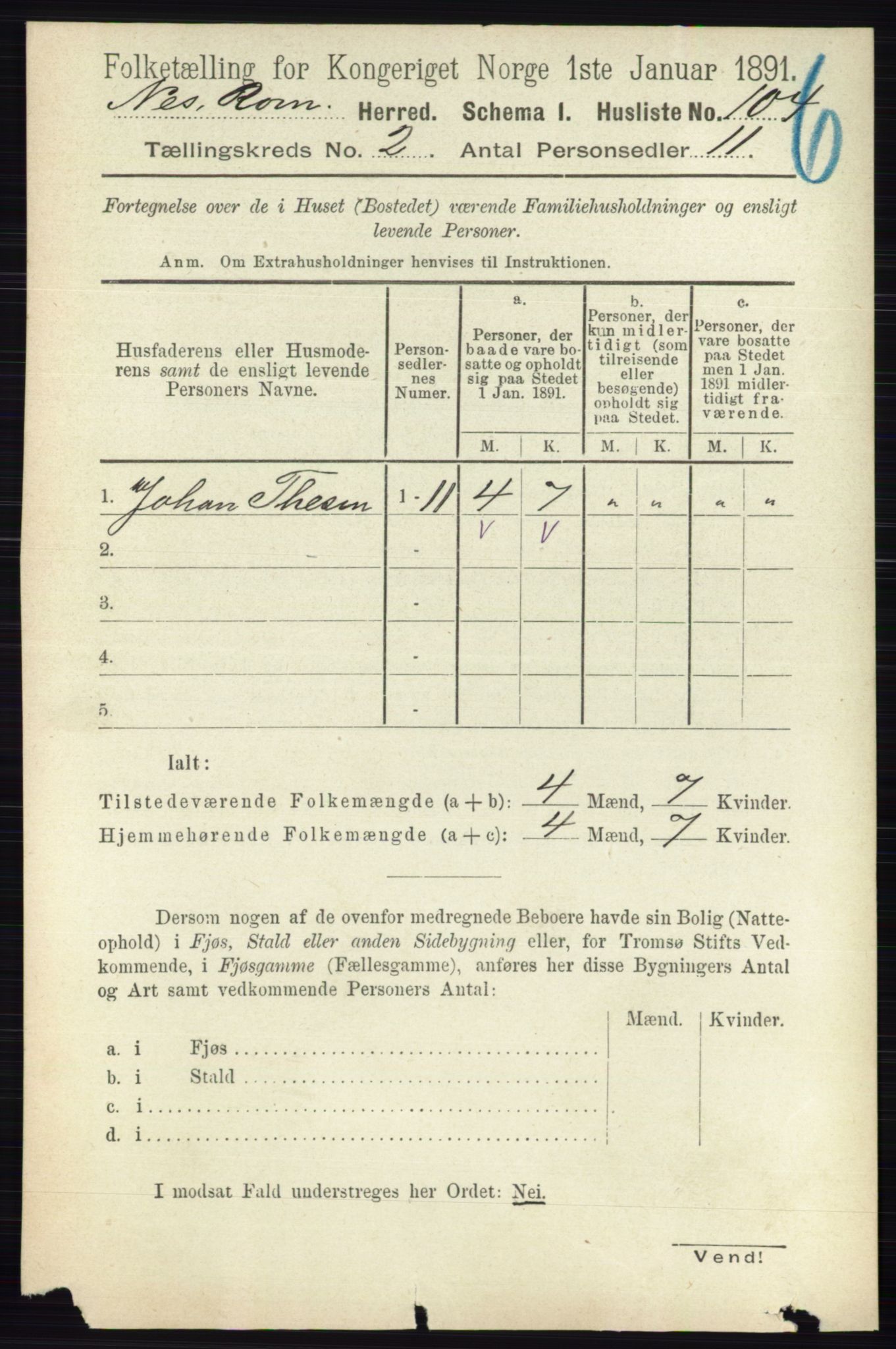 RA, 1891 census for 0236 Nes, 1891, p. 935