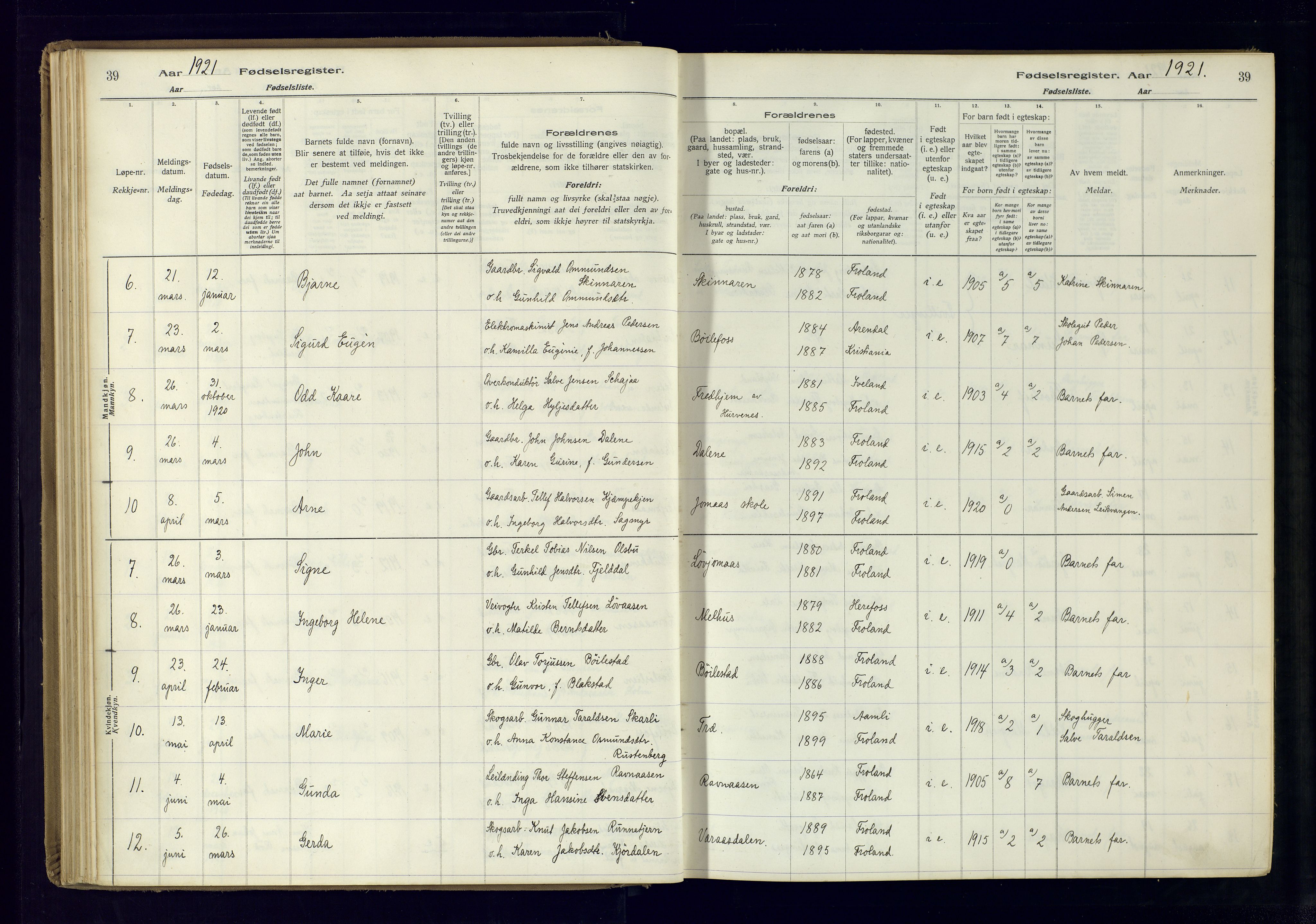 Froland sokneprestkontor, AV/SAK-1111-0013/J/Ja/L0001: Birth register no. 1, 1916-1950, p. 39