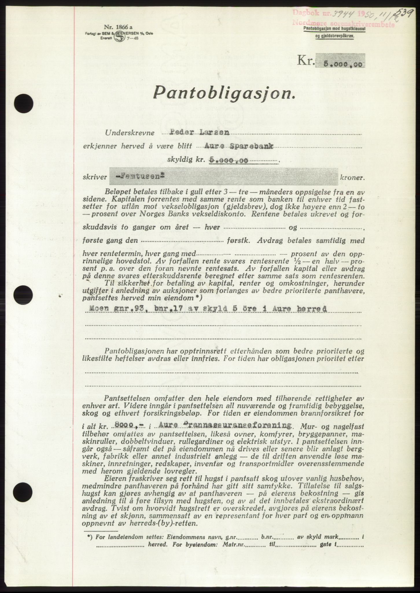 Nordmøre sorenskriveri, AV/SAT-A-4132/1/2/2Ca: Mortgage book no. B106, 1950-1950, Diary no: : 3944/1950