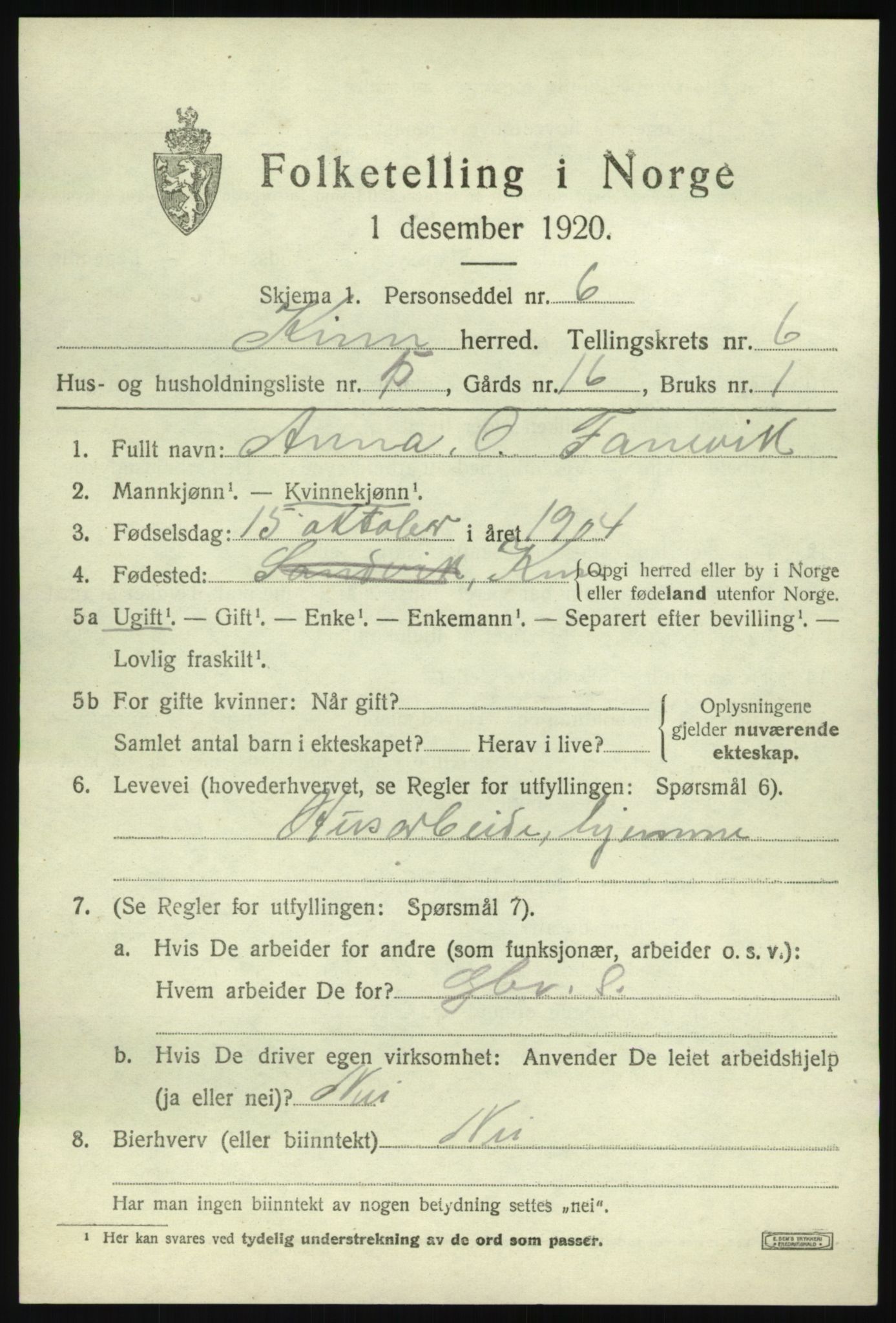 SAB, 1920 census for Kinn, 1920, p. 2809