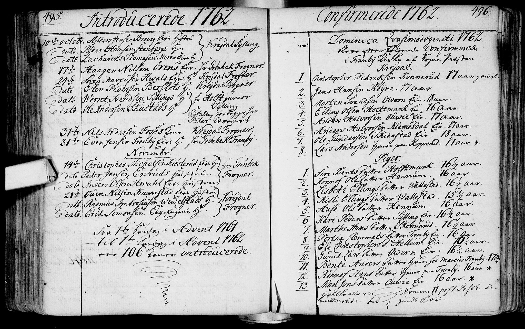 Lier kirkebøker, SAKO/A-230/F/Fa/L0004: Parish register (official) no. I 4, 1749-1764, p. 495-496
