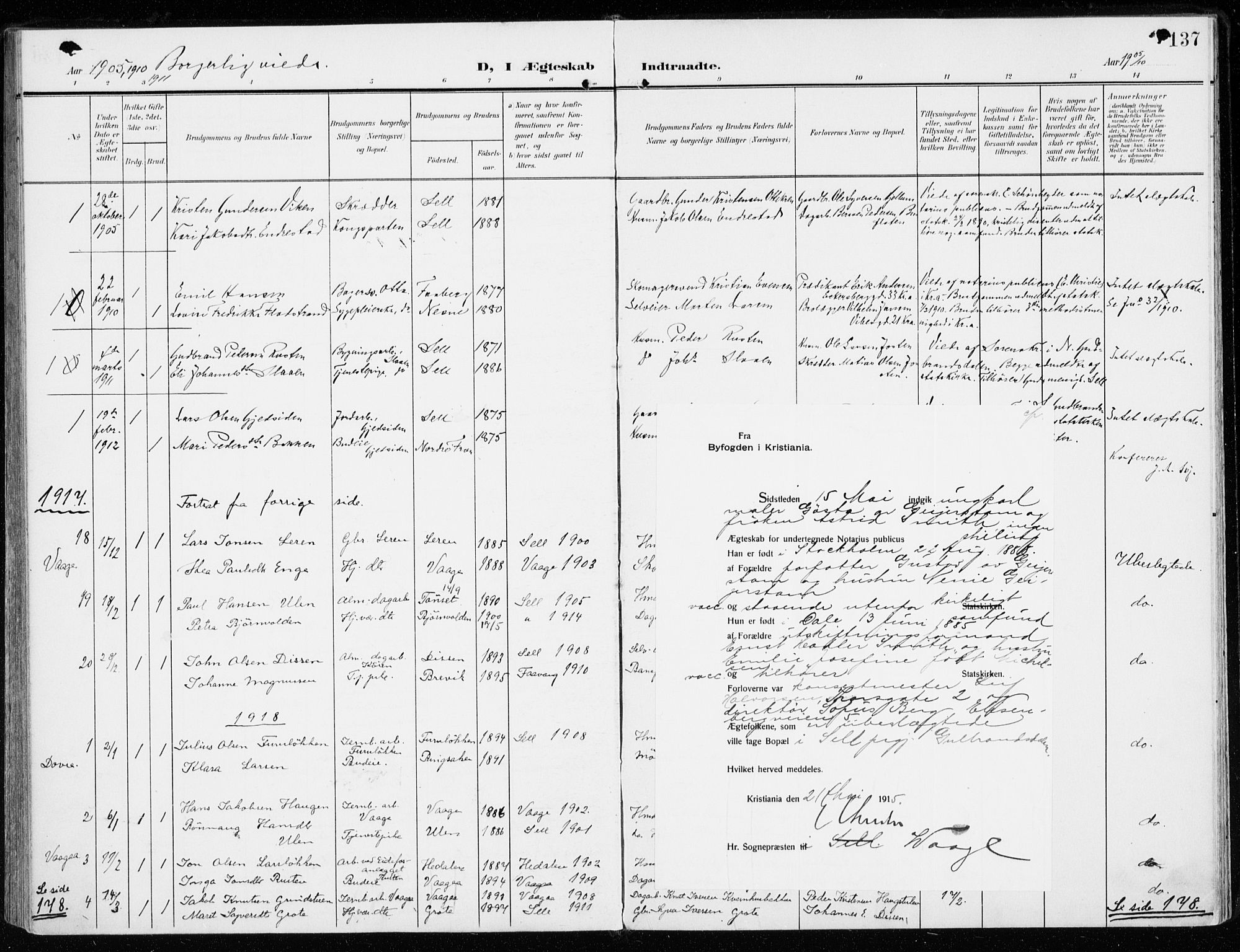 Sel prestekontor, AV/SAH-PREST-074/H/Ha/Haa/L0002: Parish register (official) no. 2, 1905-1919, p. 137