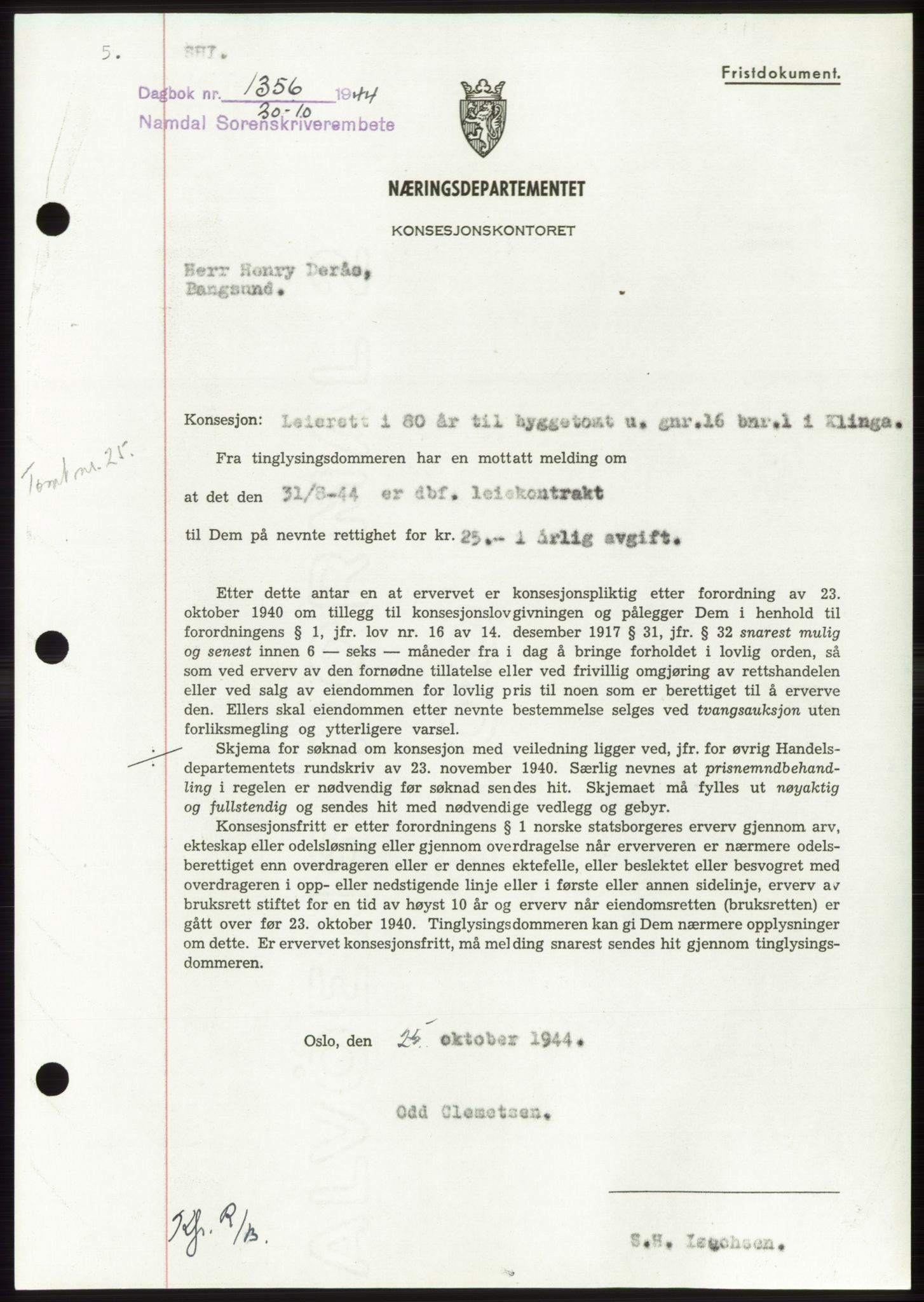Namdal sorenskriveri, SAT/A-4133/1/2/2C: Mortgage book no. -, 1944-1945, Diary no: : 1356/1944