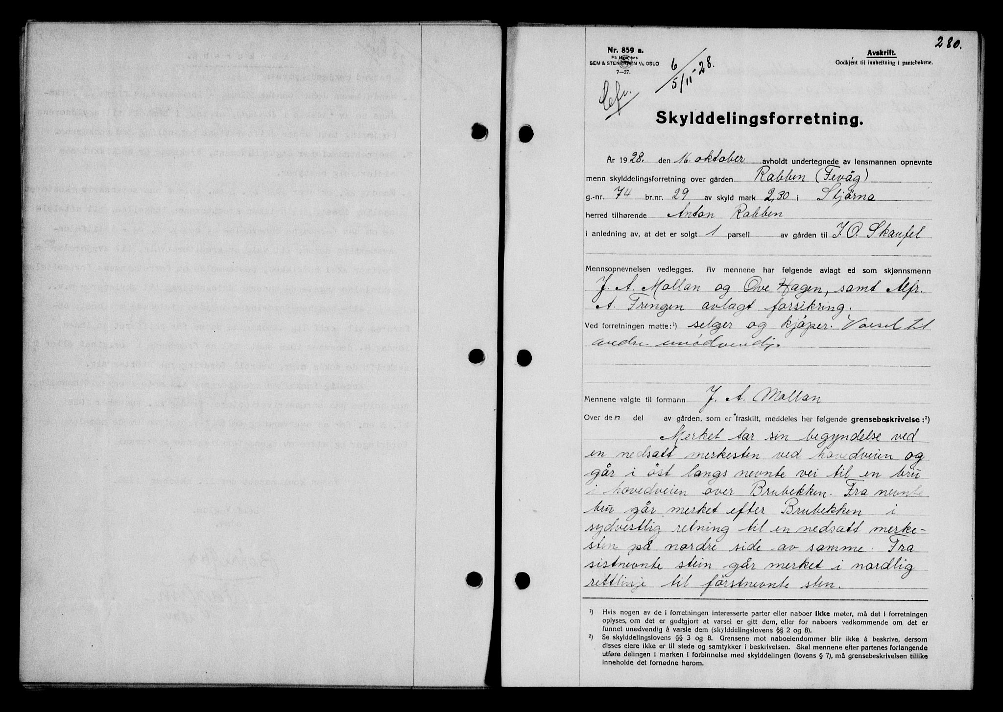 Fosen sorenskriveri, AV/SAT-A-1107/1/2/2C/L0067: Mortgage book no. 58, 1928-1929, p. 280, Deed date: 05.11.1928