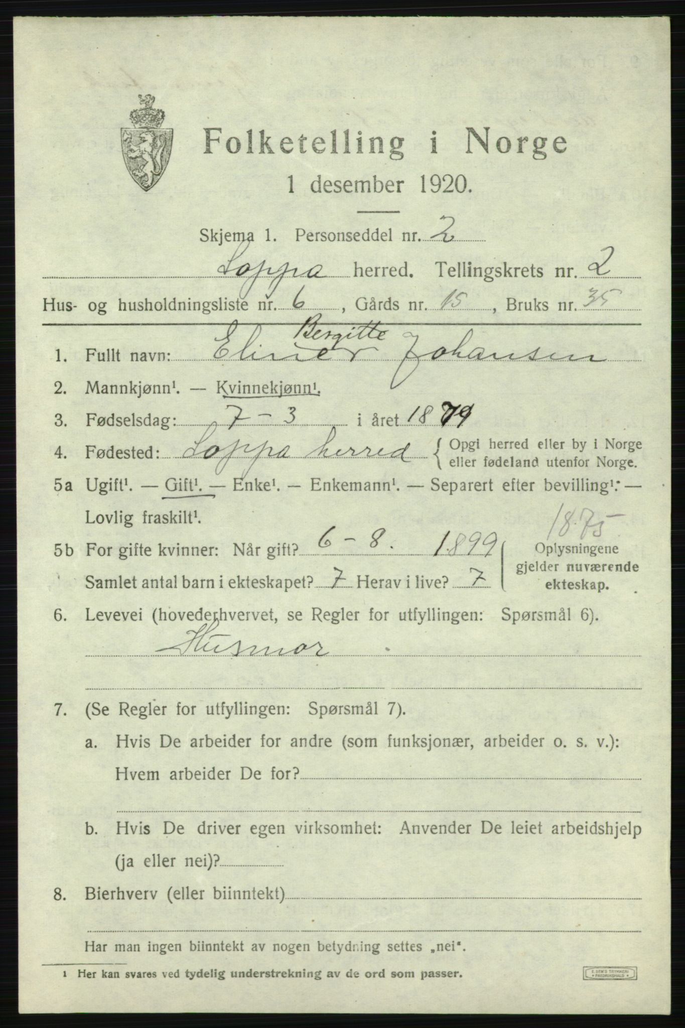 SATØ, 1920 census for Loppa, 1920, p. 872
