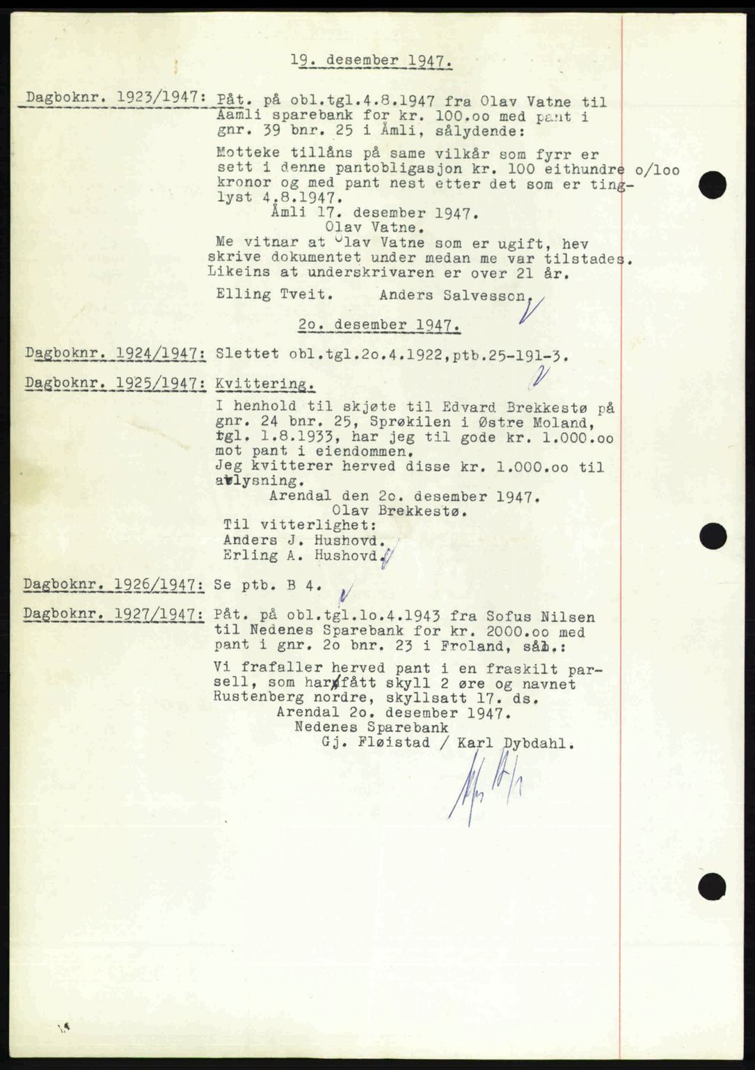 Nedenes sorenskriveri, AV/SAK-1221-0006/G/Gb/Gba/L0058: Mortgage book no. A10, 1947-1948, Diary no: : 1923/1947