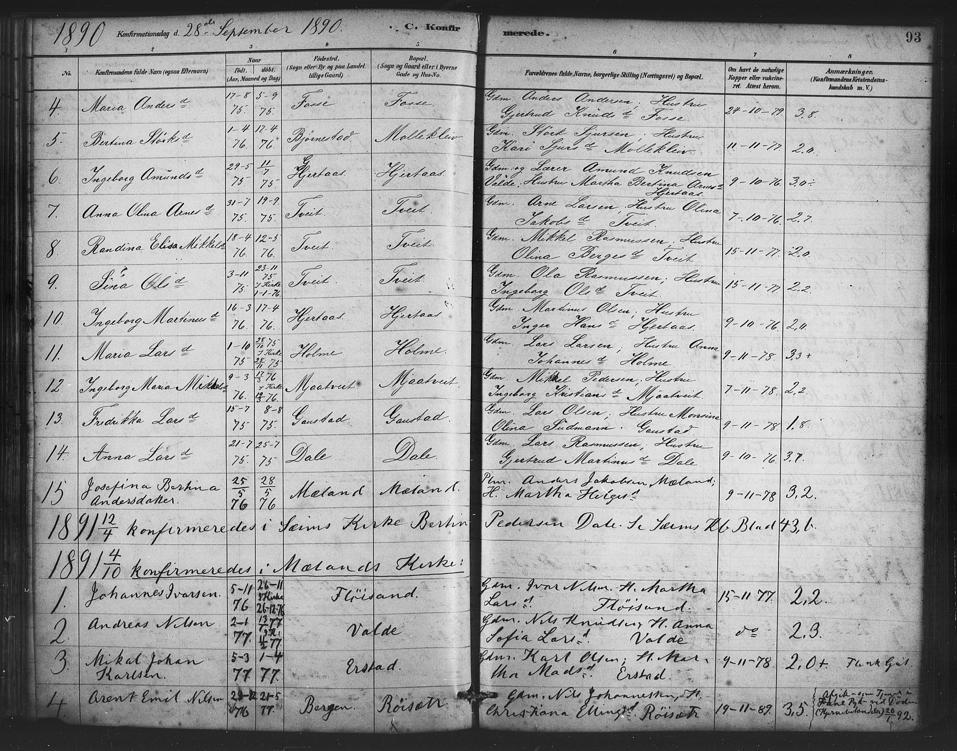 Alversund Sokneprestembete, SAB/A-73901/H/Ha/Haa/Haac/L0001: Parish register (official) no. C 1, 1882-1900, p. 93