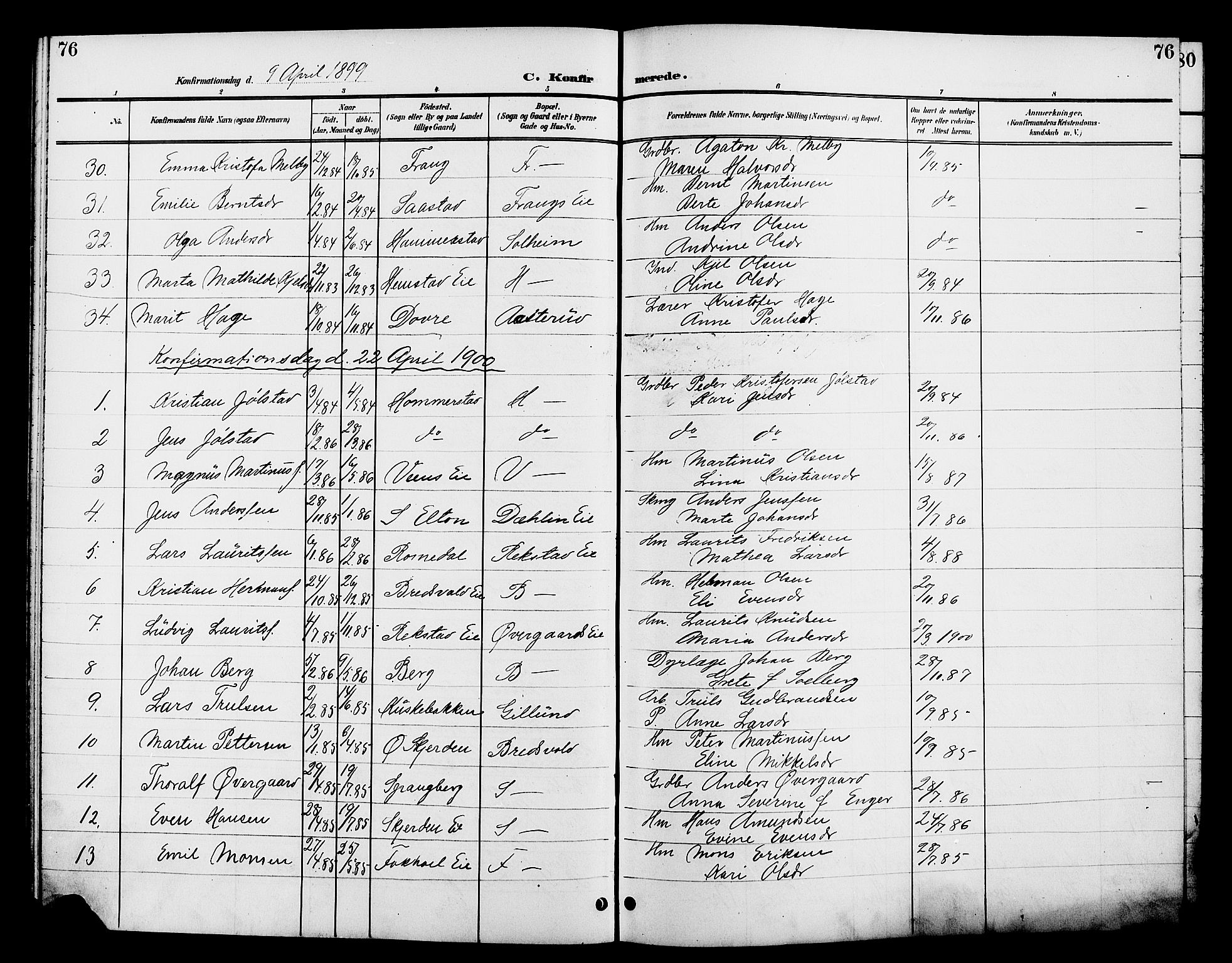 Stange prestekontor, SAH/PREST-002/L/L0012: Parish register (copy) no. 12, 1900-1908, p. 76