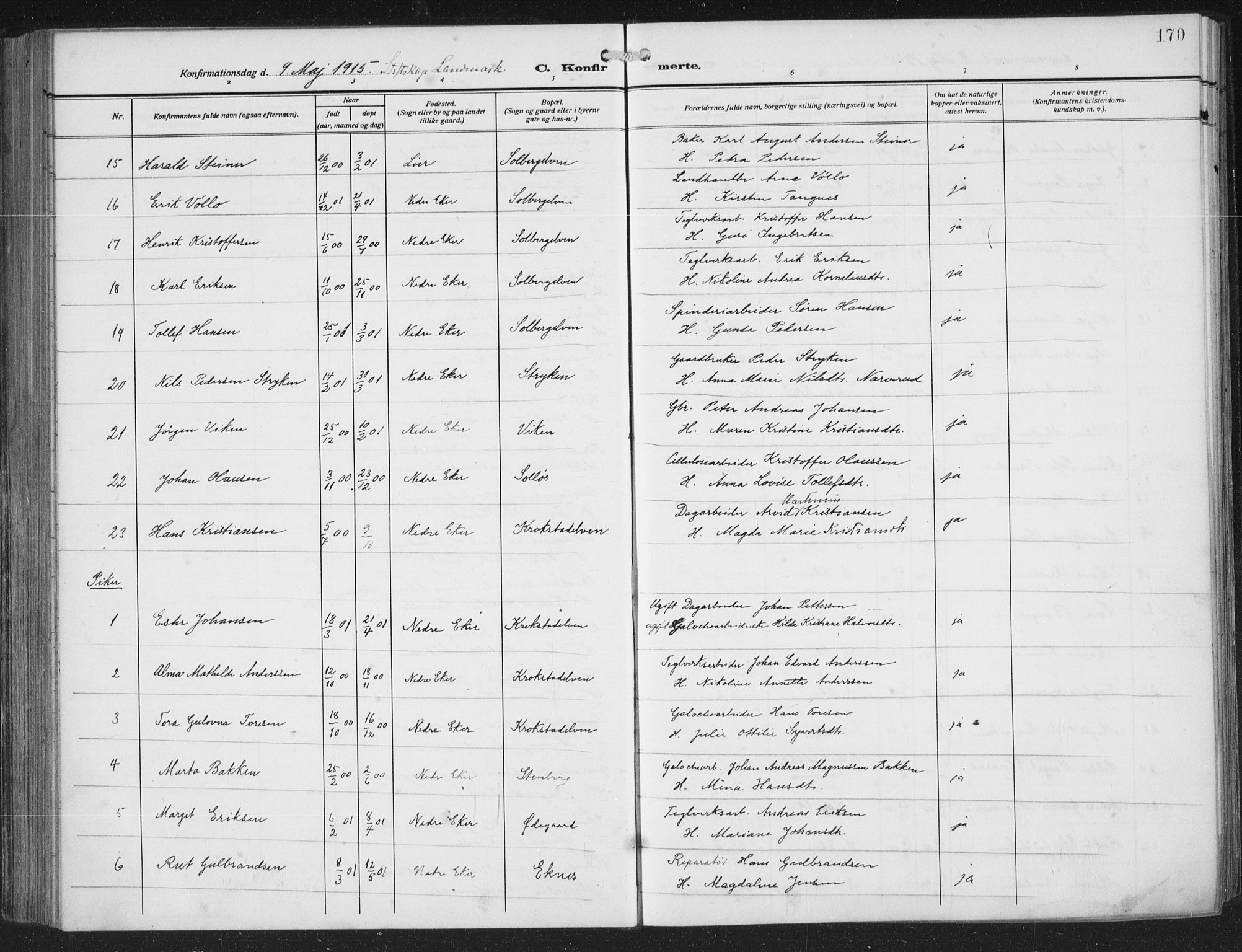Nedre Eiker kirkebøker, AV/SAKO-A-612/F/Fa/L0007: Parish register (official) no. 7, 1912-1918, p. 170
