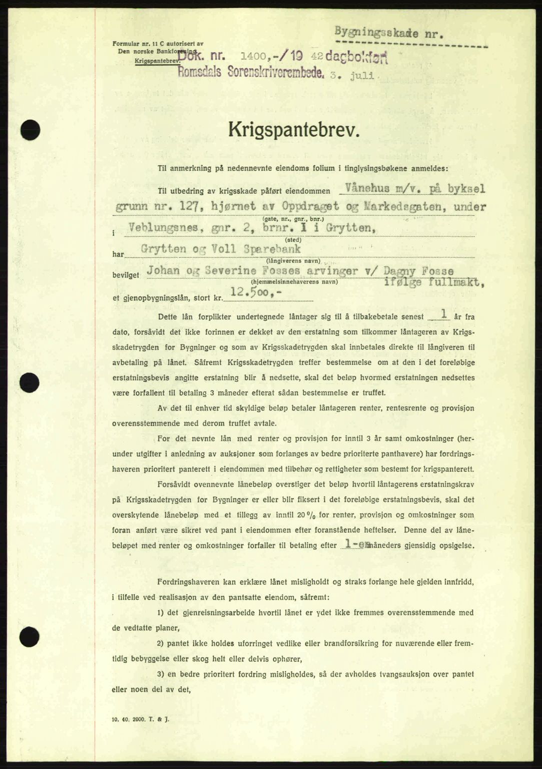 Romsdal sorenskriveri, AV/SAT-A-4149/1/2/2C: Mortgage book no. B2, 1939-1945, Diary no: : 1400/1942