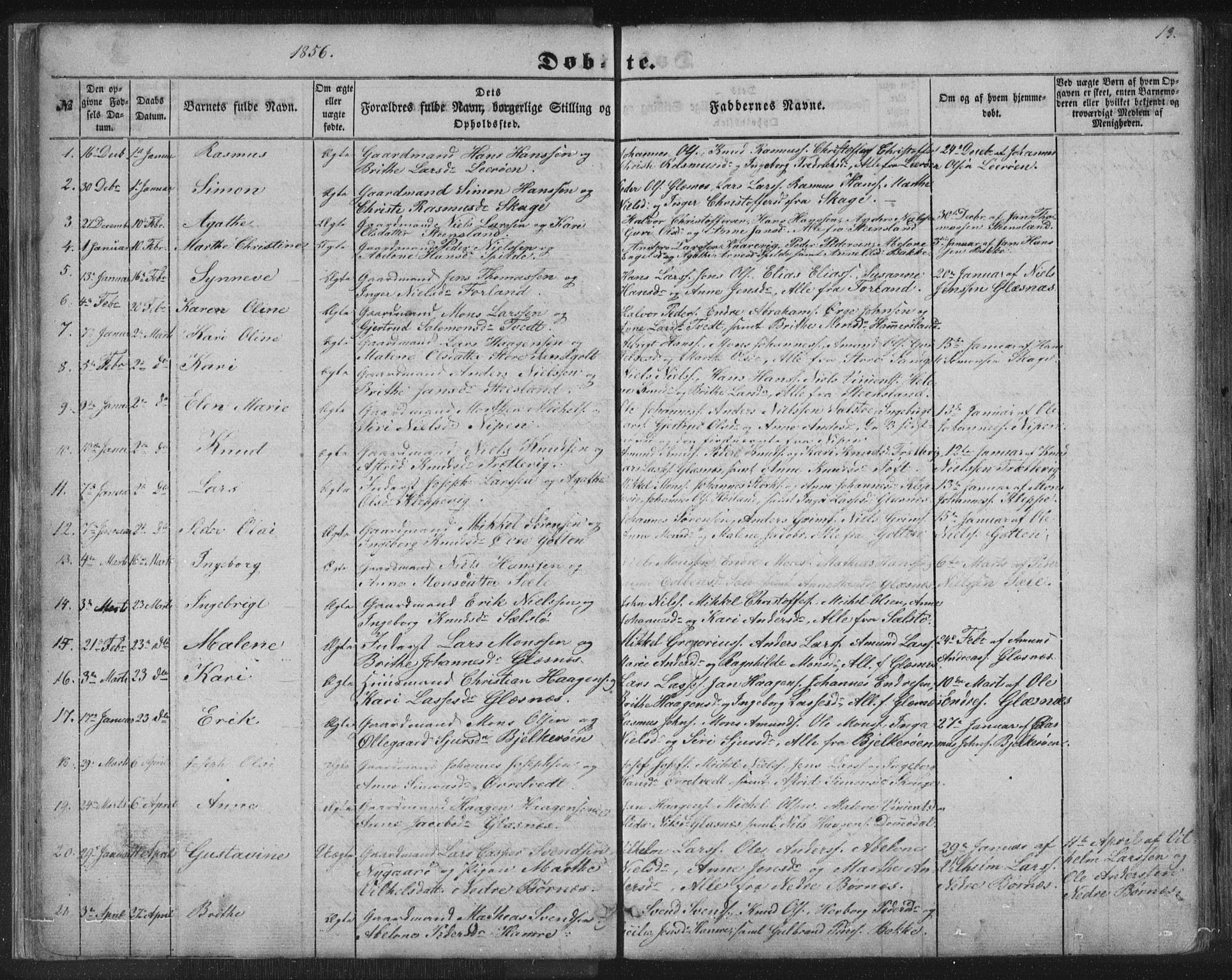 Sund sokneprestembete, SAB/A-99930: Parish register (copy) no. B 1, 1852-1873, p. 13
