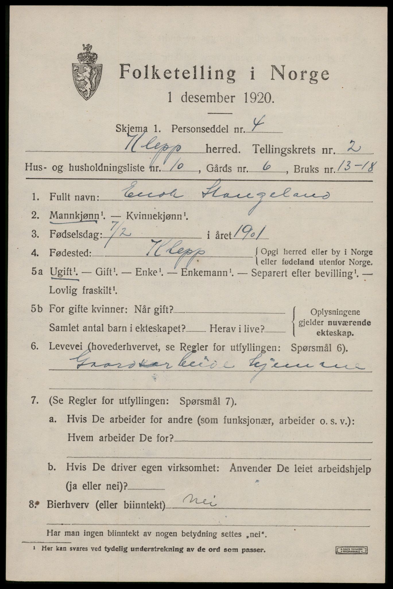 SAST, 1920 census for Klepp, 1920, p. 2686