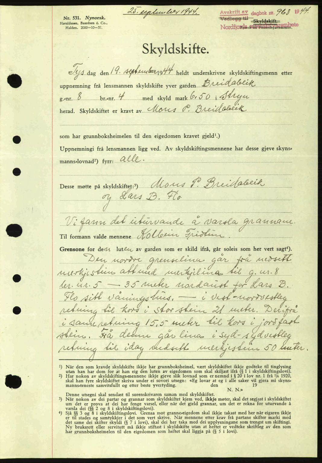 Nordfjord sorenskriveri, AV/SAB-A-2801/02/02b/02bj/L0009a: Mortgage book no. A9 I, 1944-1944, Diary no: : 963/1944