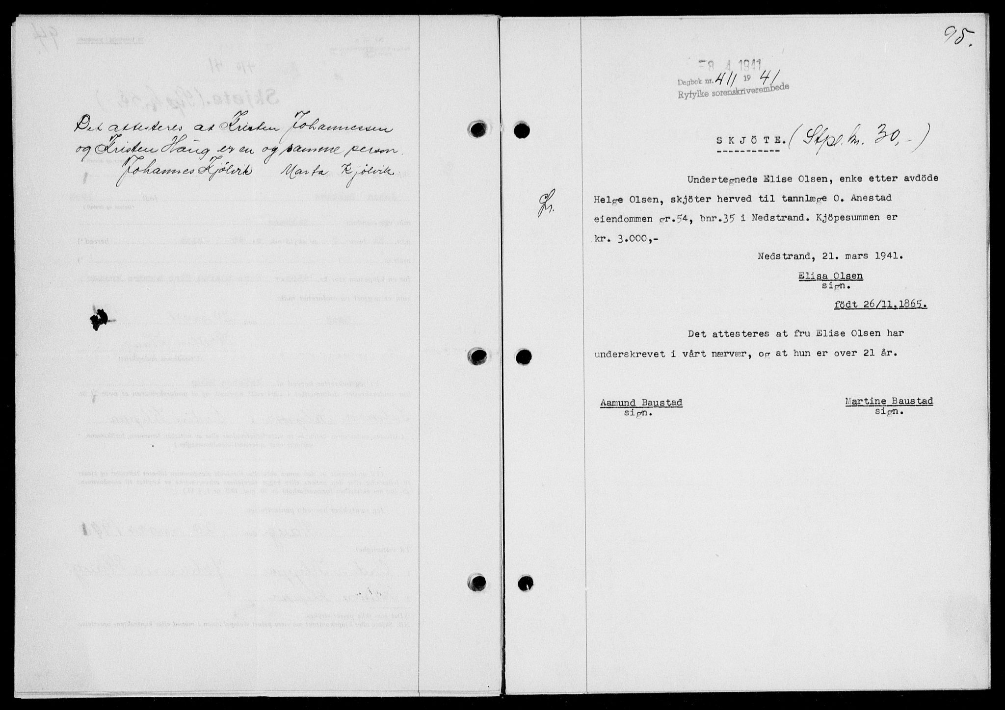Ryfylke tingrett, SAST/A-100055/001/II/IIB/L0085: Mortgage book no. 64, 1941-1941, Diary no: : 411/1941