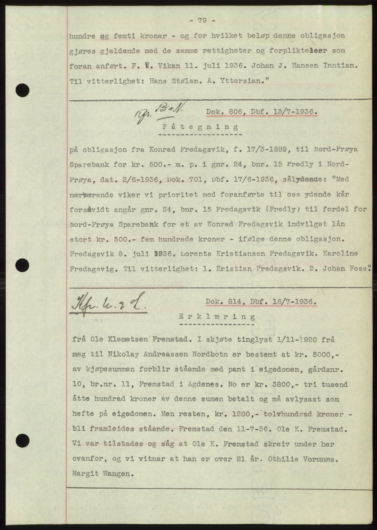Hitra sorenskriveri, AV/SAT-A-0018/2/2C/2Ca: Mortgage book no. C1, 1936-1945, Diary no: : 806/1936