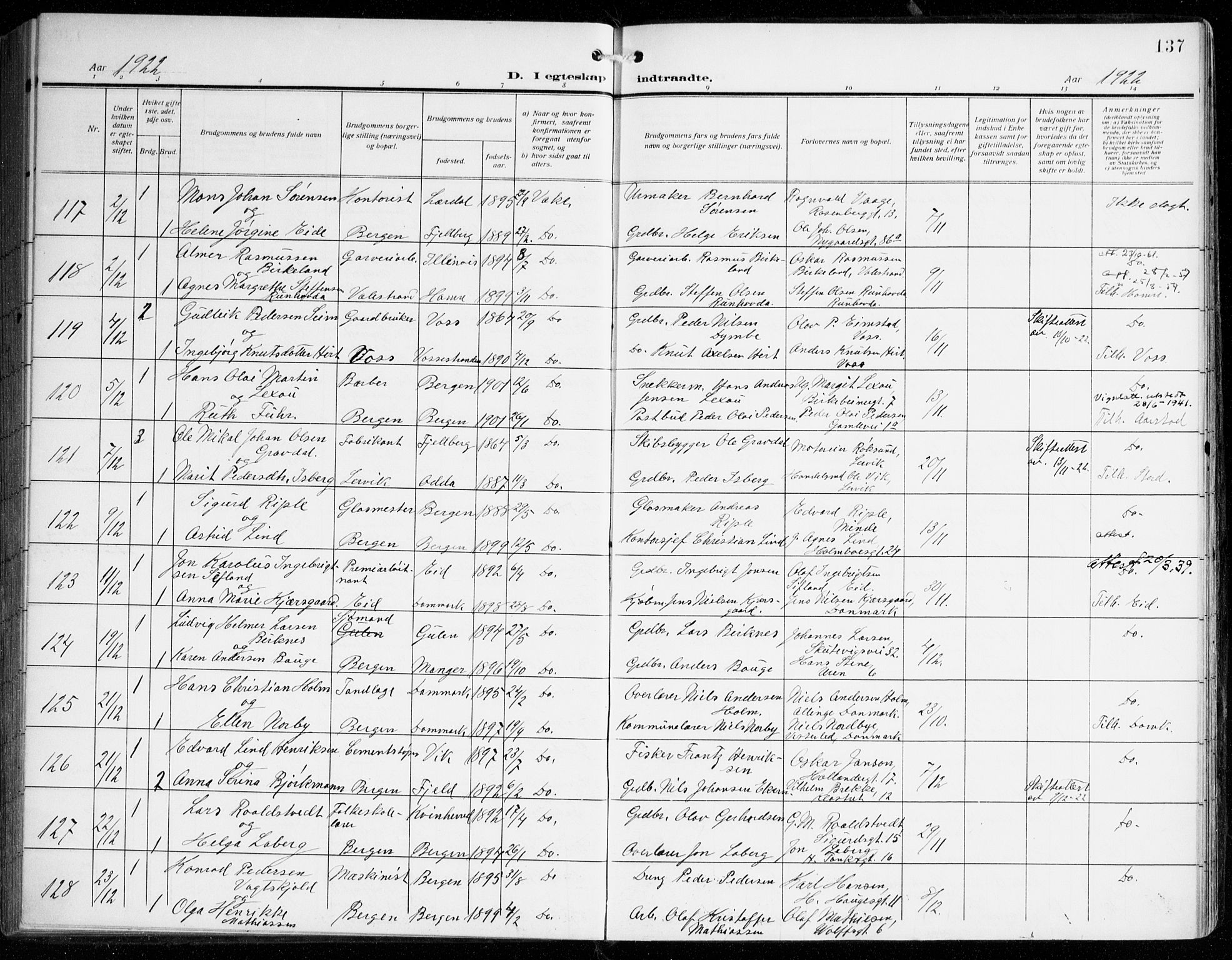 Johanneskirken sokneprestembete, AV/SAB-A-76001/H/Haa/L0013: Parish register (official) no. D 2, 1912-1929, p. 137