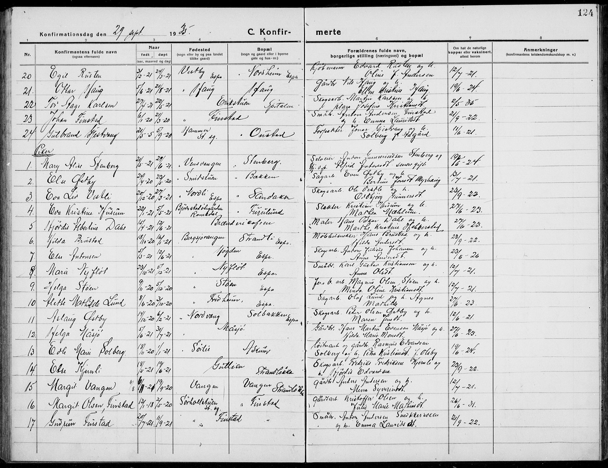 Stange prestekontor, AV/SAH-PREST-002/L/L0017: Parish register (copy) no. 17, 1918-1936, p. 124