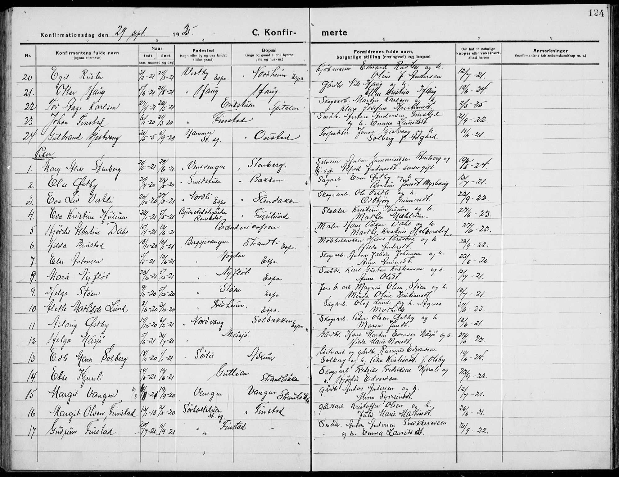 Stange prestekontor, SAH/PREST-002/L/L0017: Parish register (copy) no. 17, 1918-1936, p. 124