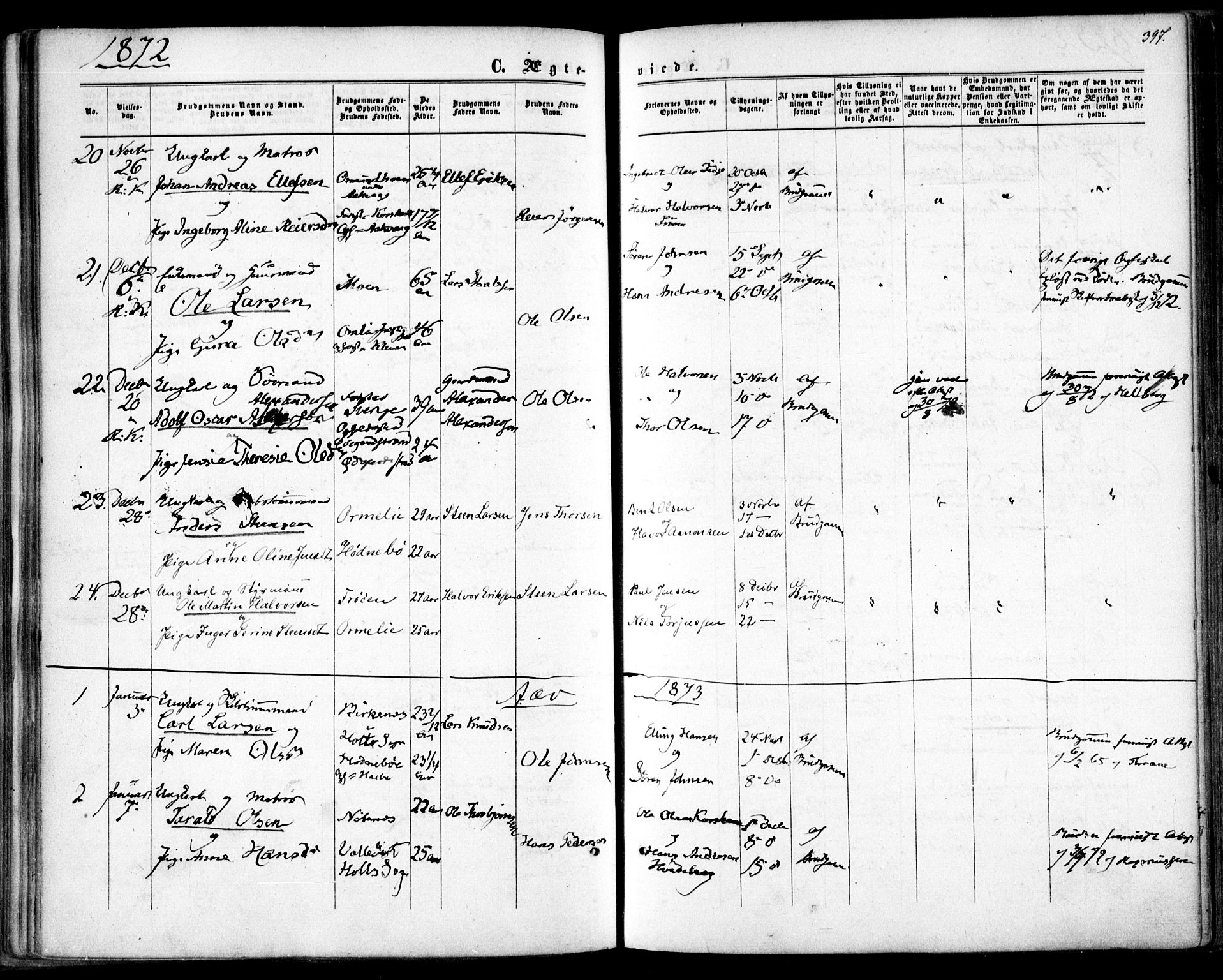 Søndeled sokneprestkontor, SAK/1111-0038/F/Fa/L0003: Parish register (official) no. A 3, 1861-1879, p. 397