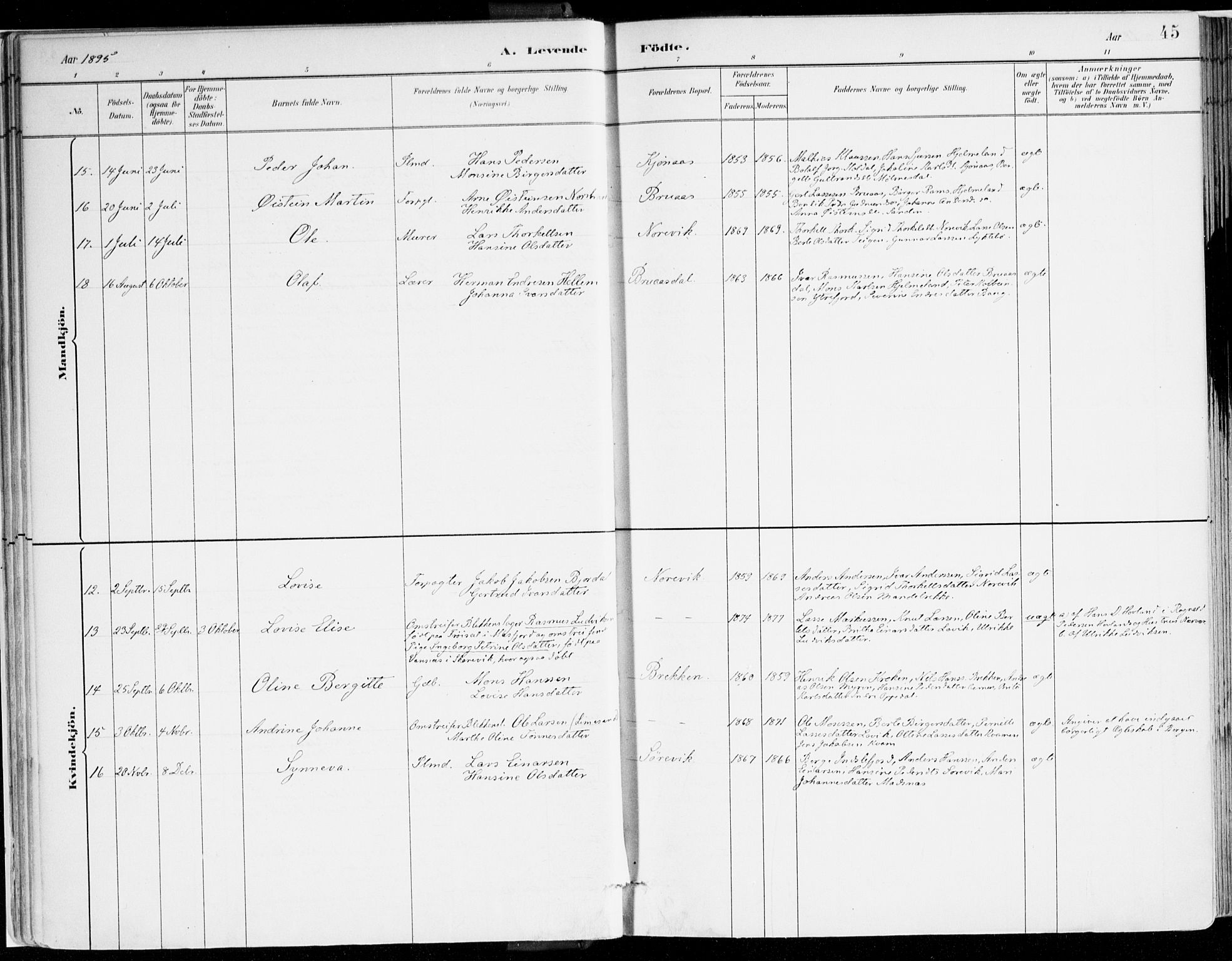 Lavik sokneprestembete, AV/SAB-A-80901: Parish register (official) no. B 1, 1882-1908, p. 45