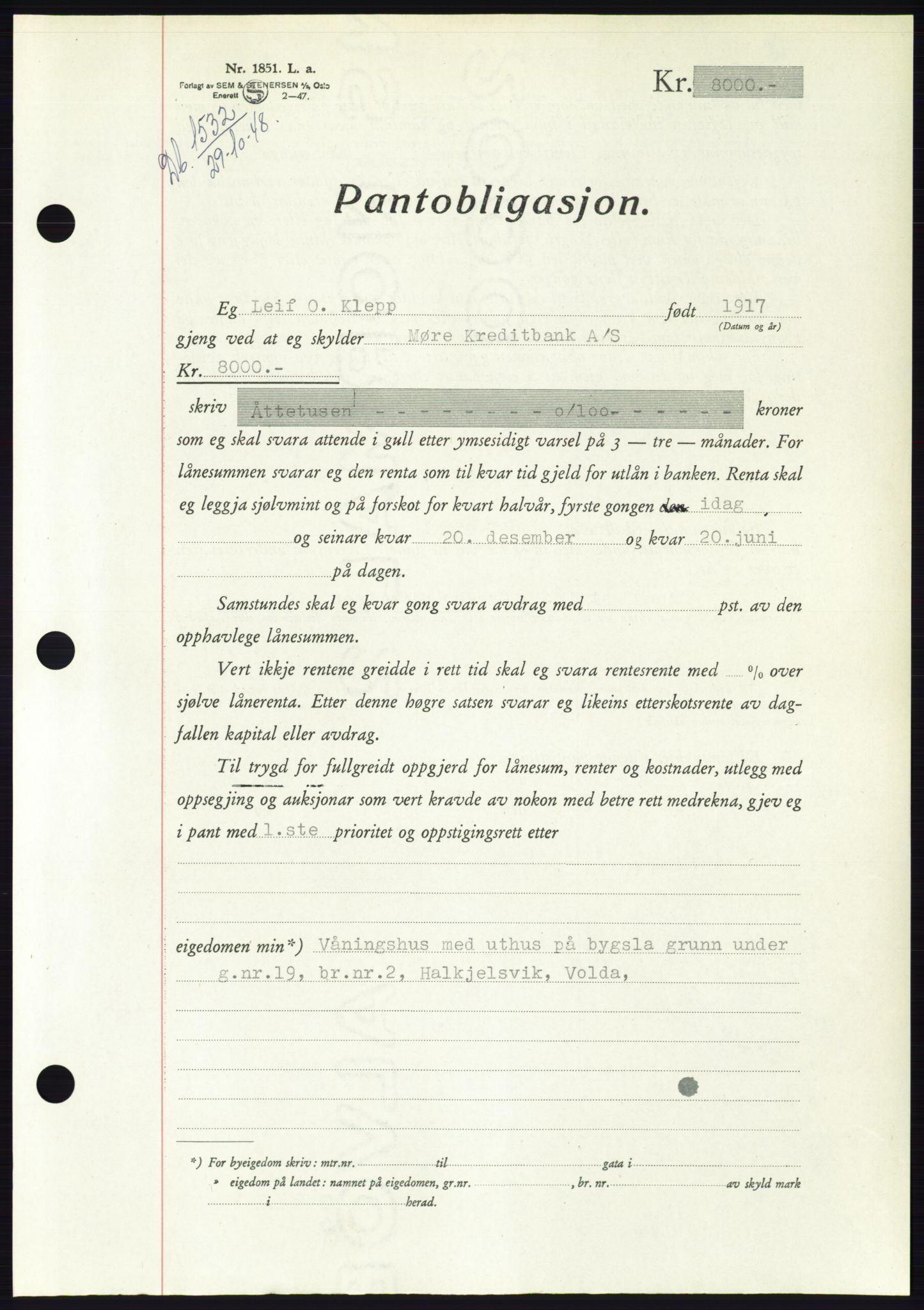 Søre Sunnmøre sorenskriveri, AV/SAT-A-4122/1/2/2C/L0116: Mortgage book no. 4B, 1948-1949, Diary no: : 1532/1948