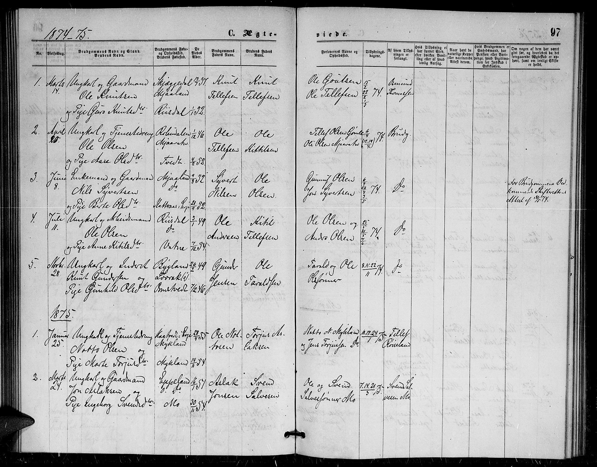 Herefoss sokneprestkontor, AV/SAK-1111-0019/F/Fa/Fac/L0001: Parish register (official) no. A 1, 1871-1886, p. 97