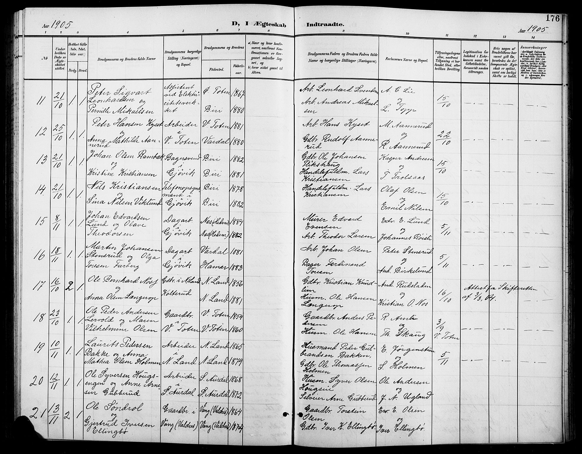 Vardal prestekontor, SAH/PREST-100/H/Ha/Hab/L0012: Parish register (copy) no. 12, 1902-1911, p. 176