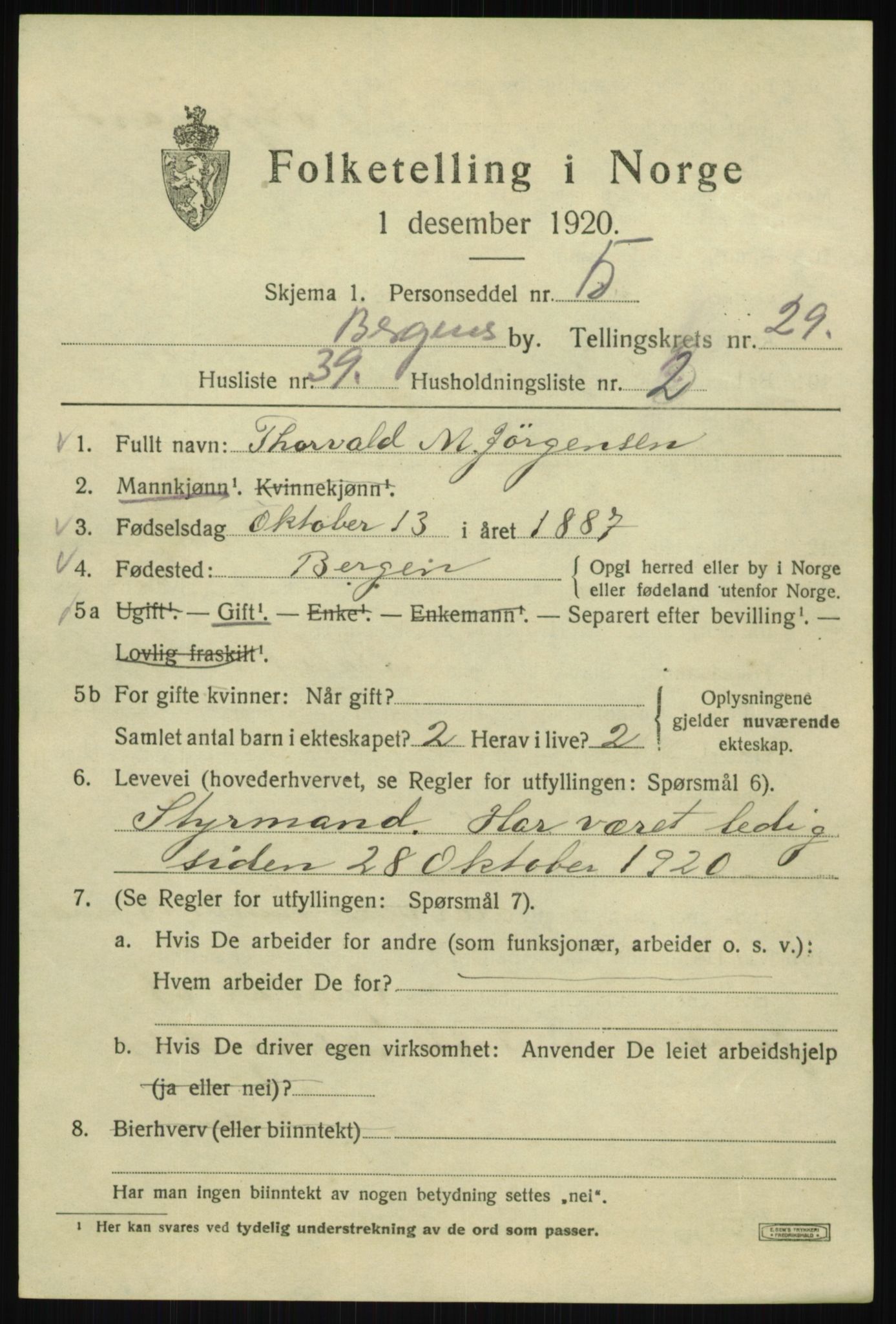 SAB, 1920 census for Bergen, 1920, p. 94719