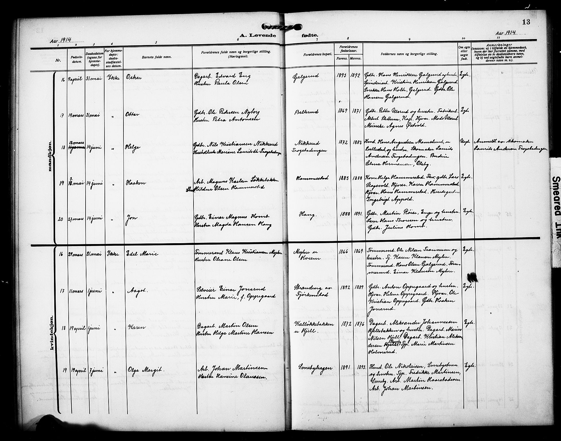 Østre Toten prestekontor, SAH/PREST-104/H/Ha/Hab/L0008: Parish register (copy) no. 8, 1913-1929, p. 13