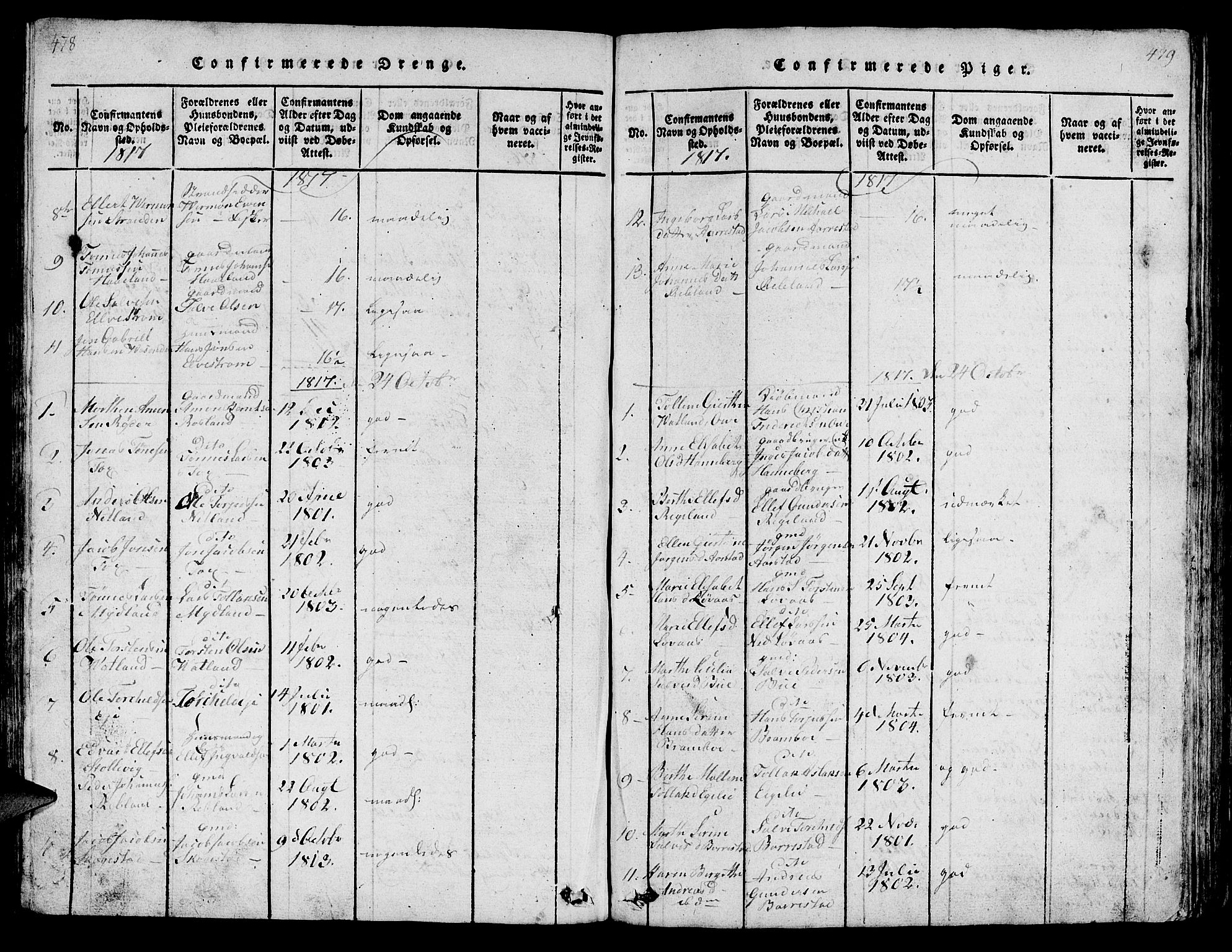 Sokndal sokneprestkontor, SAST/A-101808: Parish register (copy) no. B 1, 1815-1848, p. 478-479