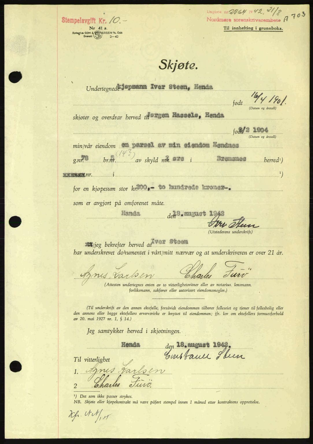 Nordmøre sorenskriveri, AV/SAT-A-4132/1/2/2Ca: Mortgage book no. A93, 1942-1942, Diary no: : 2364/1942