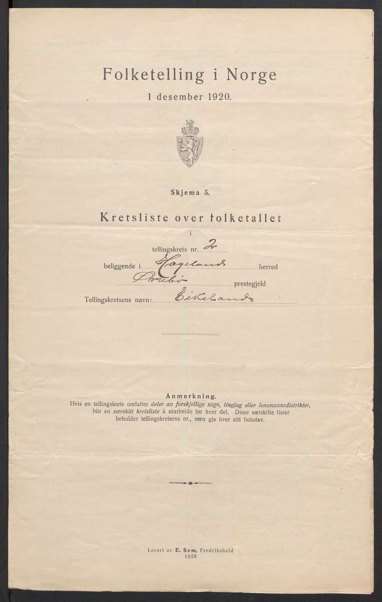 SAK, 1920 census for Hægeland, 1920, p. 12