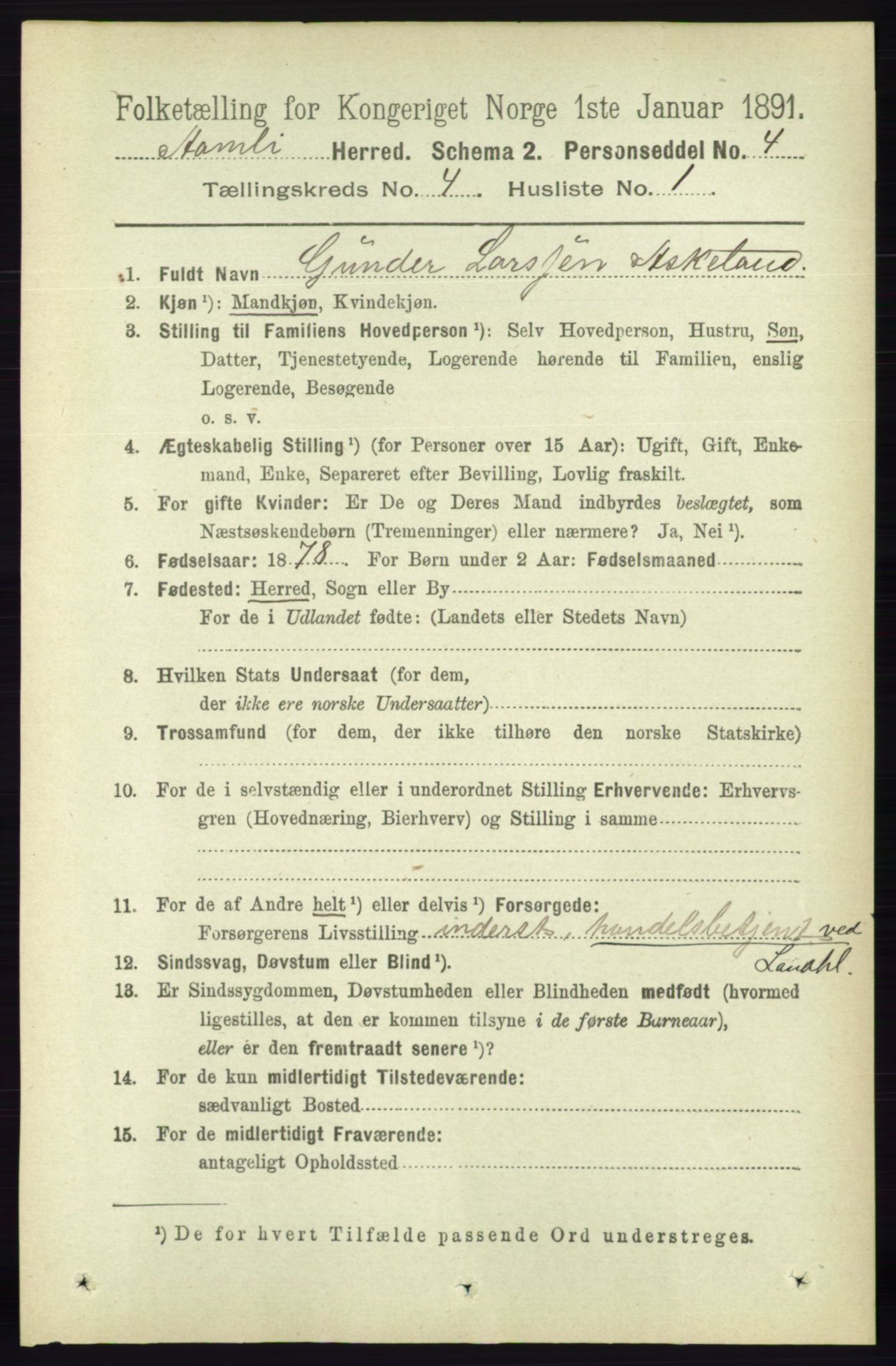 RA, 1891 census for 0929 Åmli, 1891, p. 442