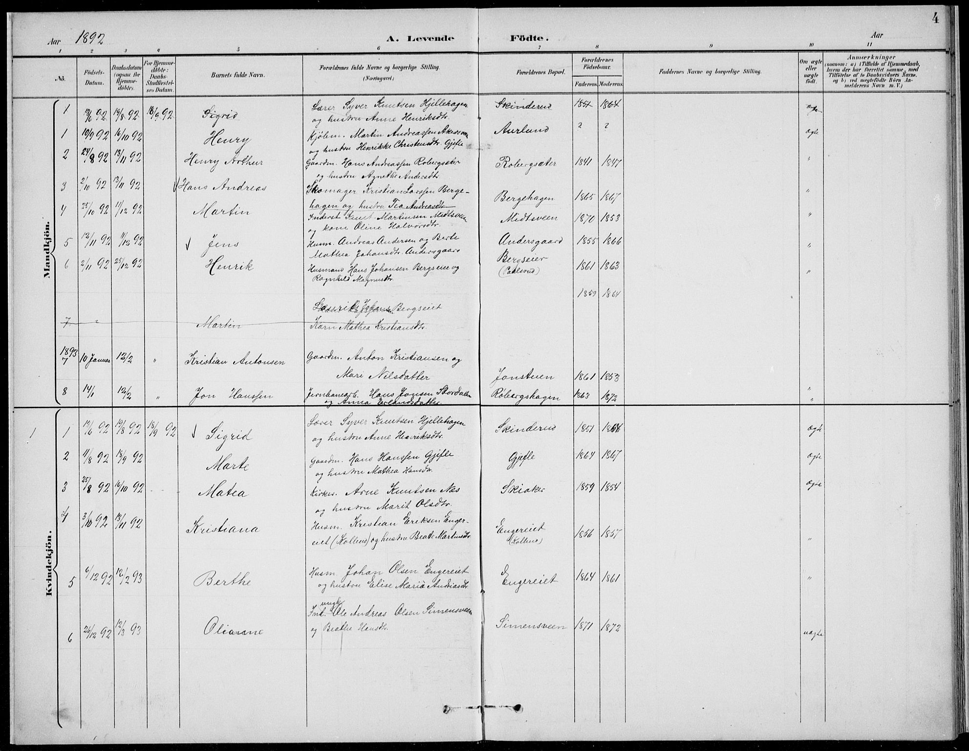 Nordre Land prestekontor, SAH/PREST-124/H/Ha/Hab/L0014: Parish register (copy) no. 14, 1891-1907, p. 4