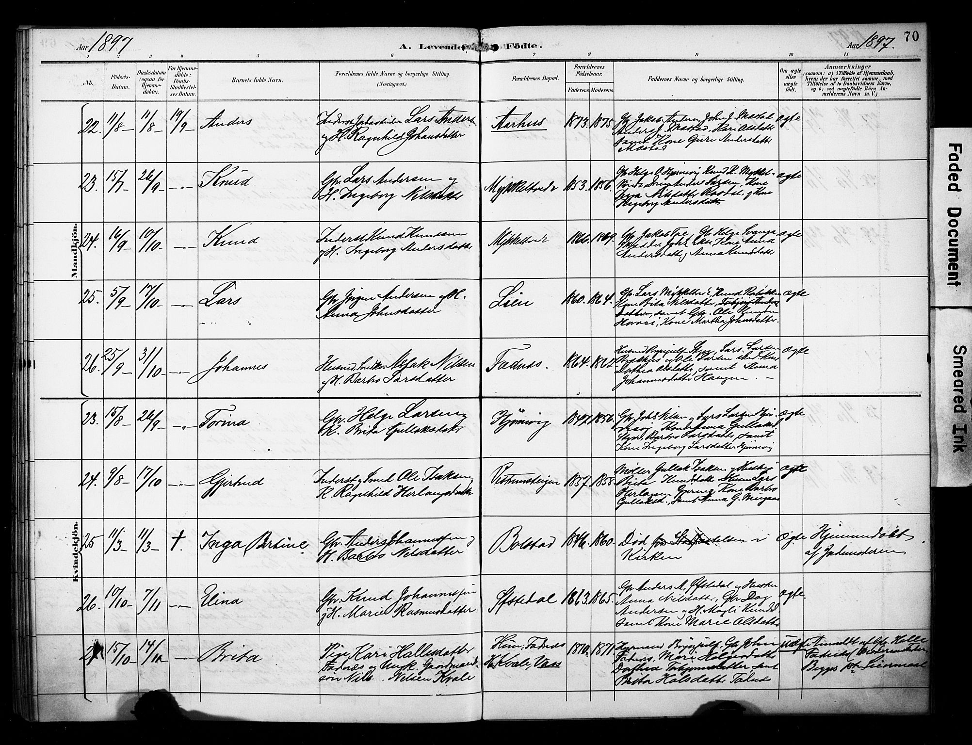 Evanger sokneprestembete, AV/SAB-A-99924: Parish register (official) no. A 2, 1892-1899, p. 70