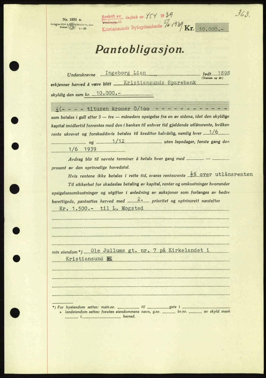 Kristiansund byfogd, SAT/A-4587/A/27: Mortgage book no. 31, 1938-1939, Diary no: : 454/1939