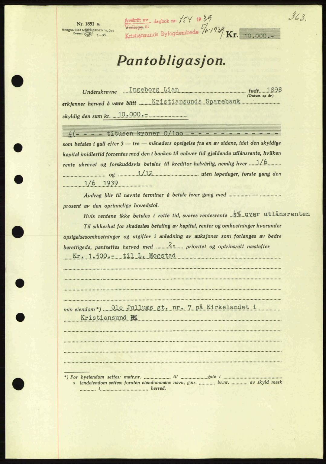 Kristiansund byfogd, AV/SAT-A-4587/A/27: Mortgage book no. 31, 1938-1939, Diary no: : 454/1939