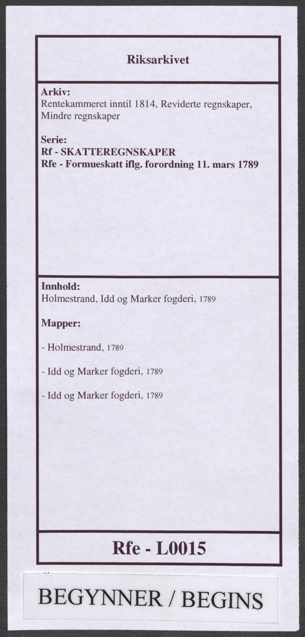 Rentekammeret inntil 1814, Reviderte regnskaper, Mindre regnskaper, RA/EA-4068/Rf/Rfe/L0015: Holmestrand, Idd og Marker fogderi, 1789, p. 1