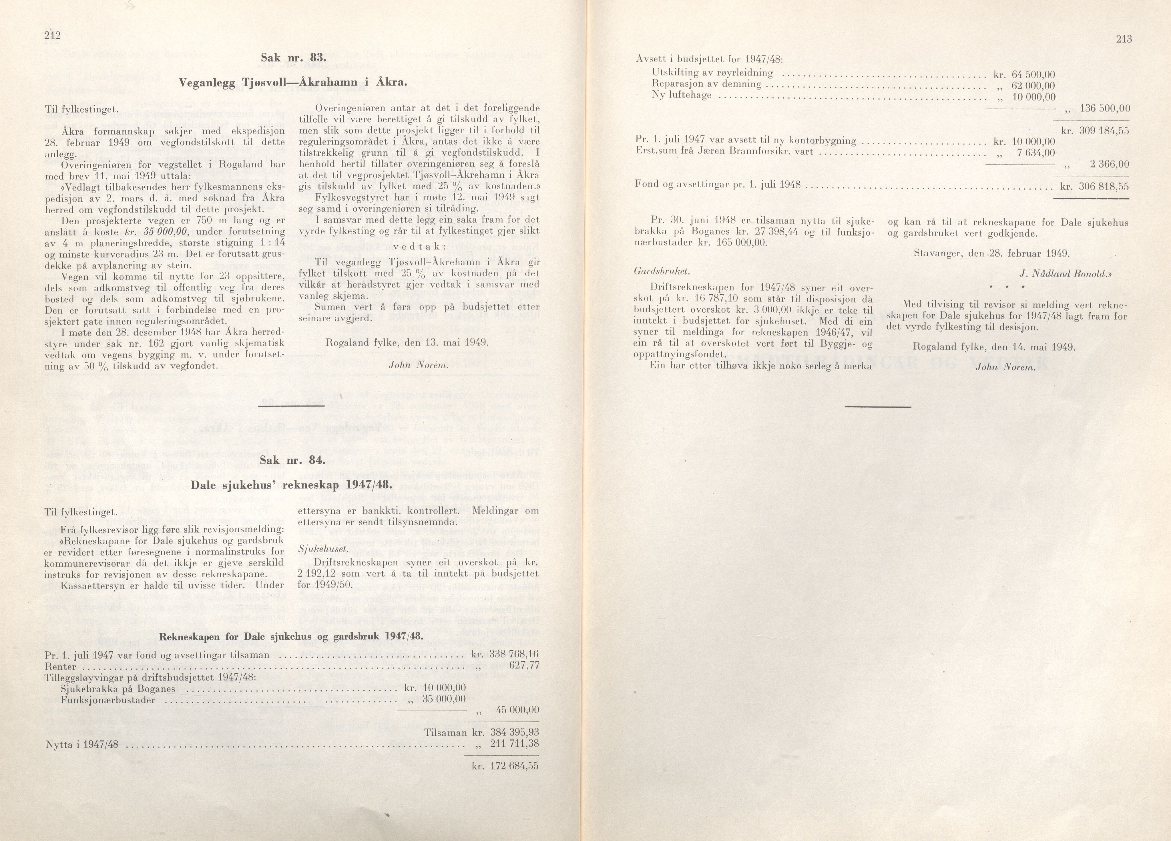 Rogaland fylkeskommune - Fylkesrådmannen , IKAR/A-900/A/Aa/Aaa/L0068: Møtebok , 1949, p. 212-213