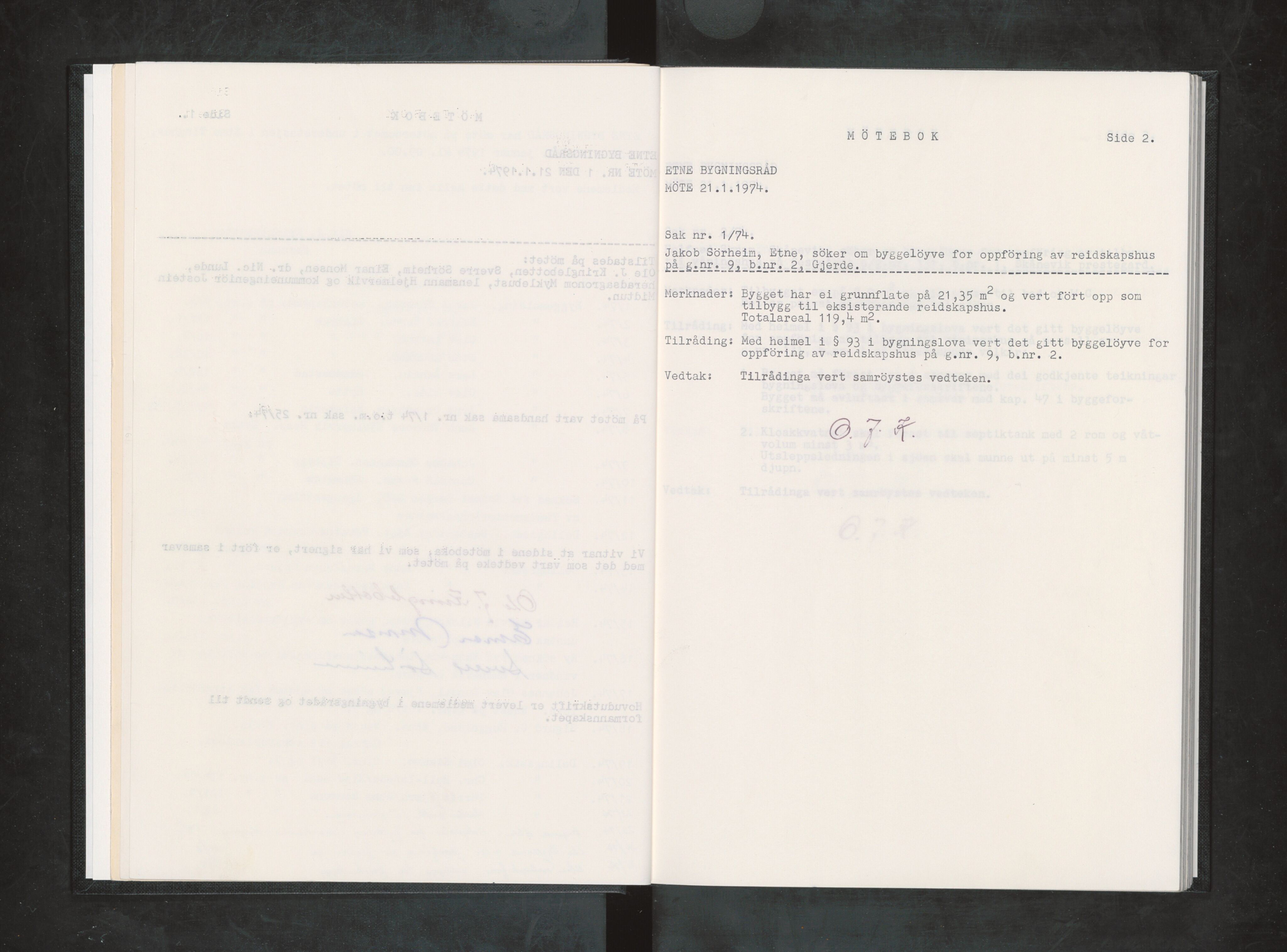 Etne kommune. Bygningsrådet, IKAH/1211-511/A/Aa/L0007: Møtebok Etne bygningsråd I, 1974